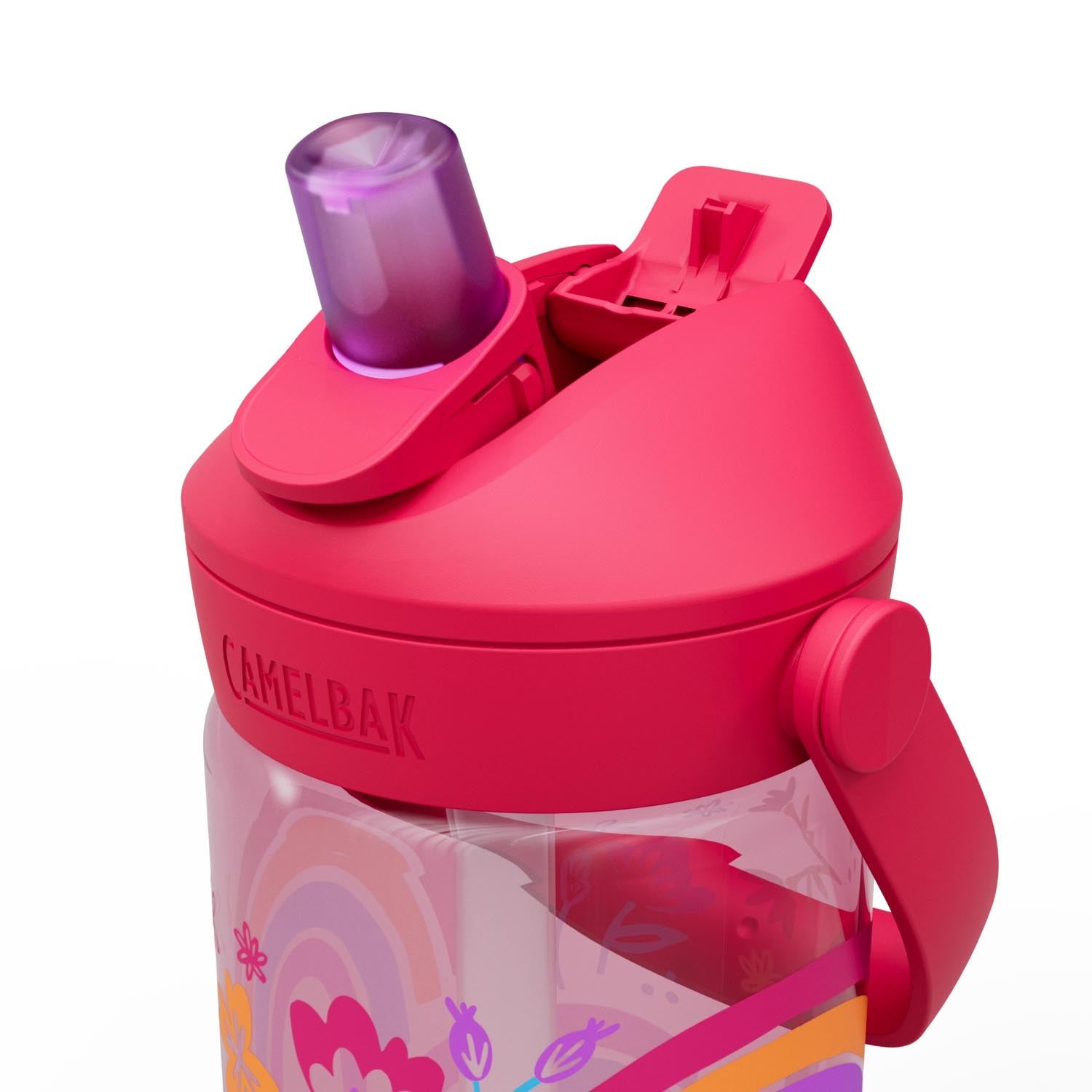 Die Camelbak Kinderflasche (0.4l) mit Regenbogen-Blumenmuster ist auslaufsicher, langlebig und perfekt für Schule und Freizeit.