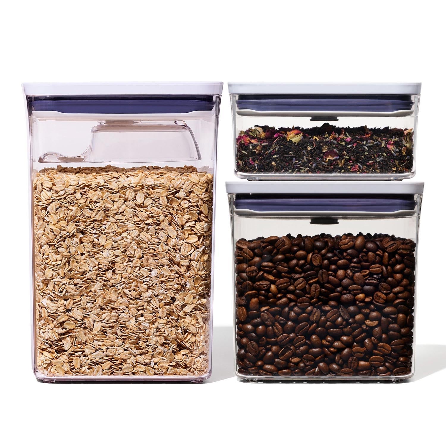 Good Grips POP Container Set 3tlg. mit Messlöffel 0.6l 1.6l 2.6l in Transparent präsentiert im Onlineshop von KAQTU Design AG. Aufbewahrungsbehälter ist von OXO