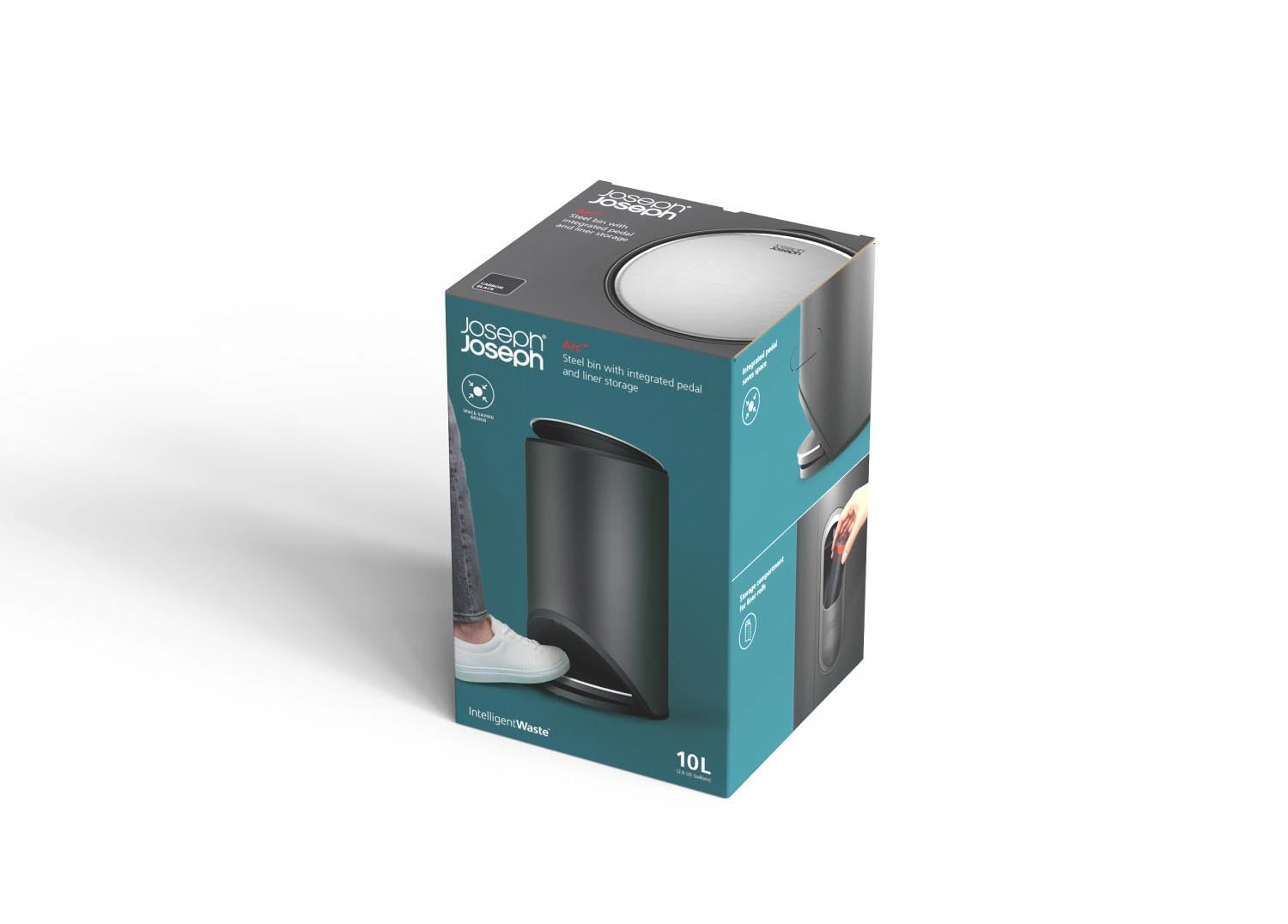 Moderner 10L Pedaleimer von Joseph Joseph in Carbon-Schwarz, H45cm D26cm, mit Innentasche. Ideal für eine elegante Mülltrennung.