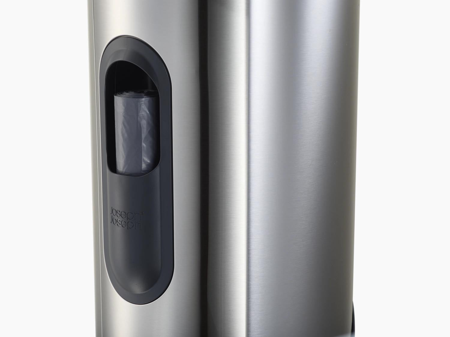 Moderner 10L Pedaleimer aus Edelstahl von Joseph Joseph, H45cm D26cm, mit praktischer Innentasche. Ideal für Bad oder Küche.