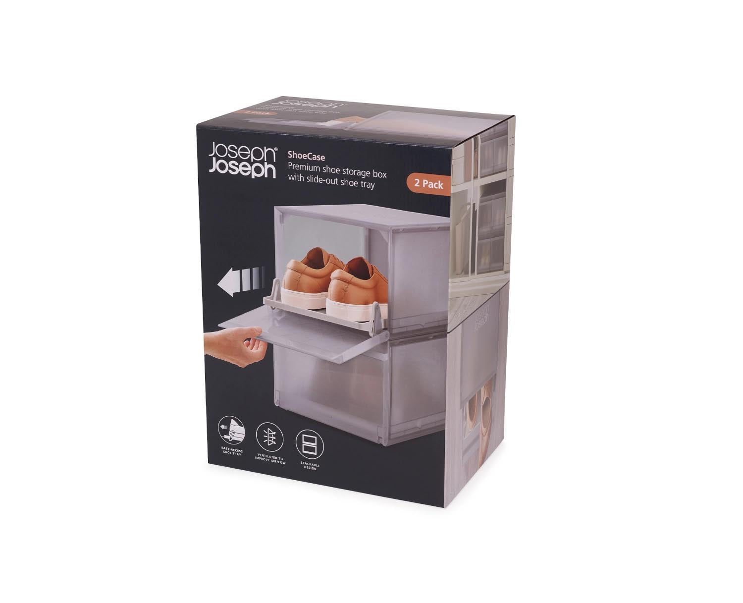 Praktisches 2er Set Schuhboxen von Joseph Joseph in Grau, stapelbar, kompakt, Masse 22x28x36cm, für ordentliche Schuhaufbewahrung.