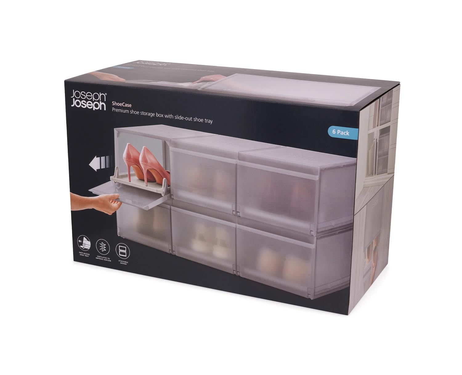 6er Set Schuhboxen von Joseph Joseph in Grau, stapelbar und langlebig, Masse 22x28x36cm, ideal für platzsparende Schuhorganisation.