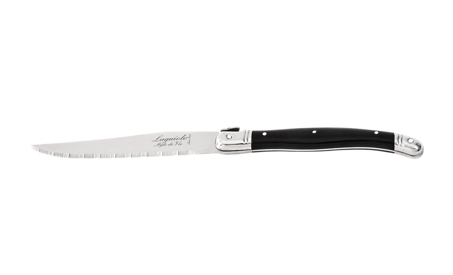 Elegantes Laguiole Steakmesser mit schwarzem Griff, 1.8mm Klinge, ideal für stilvolles Speisen und präzises Schneiden.