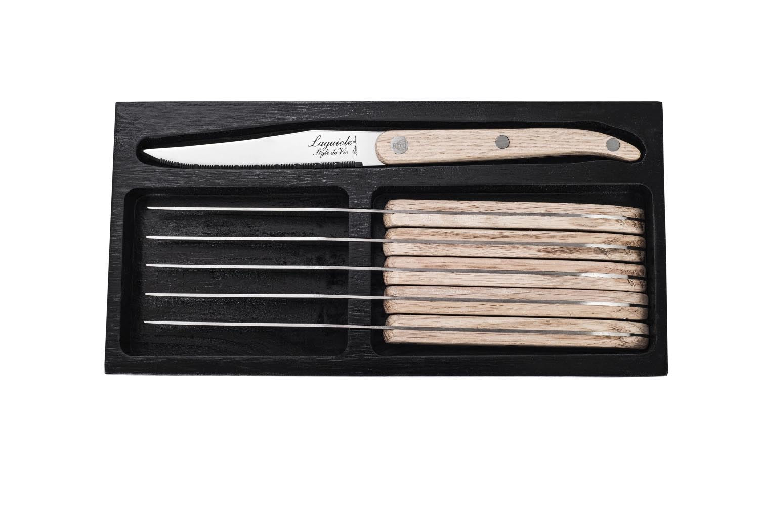 Laguiole Innovation Line Steakmesser Eichenholz gezackt in Beige präsentiert im Onlineshop von KAQTU Design AG. Küchenmesser ist von Laguiole Style de Vie