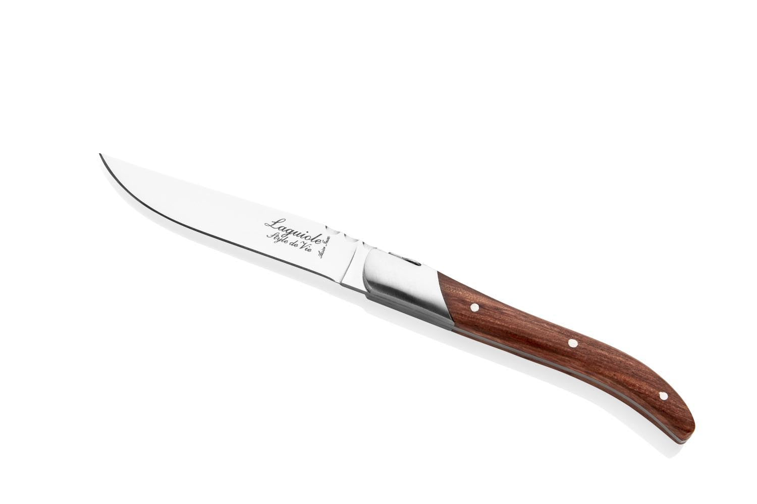 Elegantes Laguiole Steakmesser mit Griff aus Pakka-Holz in Rosé, ideal für stilvolles Speisen und hochwertiges Schneiden.