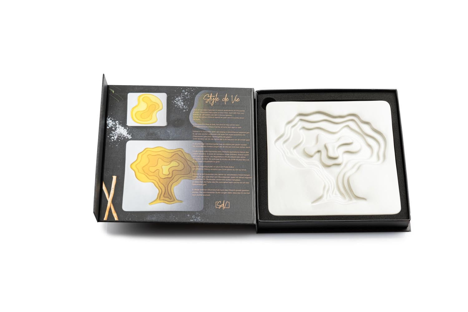 Keramikschale mit Olivenbaum-Design, ideal für Olivenöl. Hochwertig und stilvoll, ein Highlight von Style de Vie für Ihren Tisch.