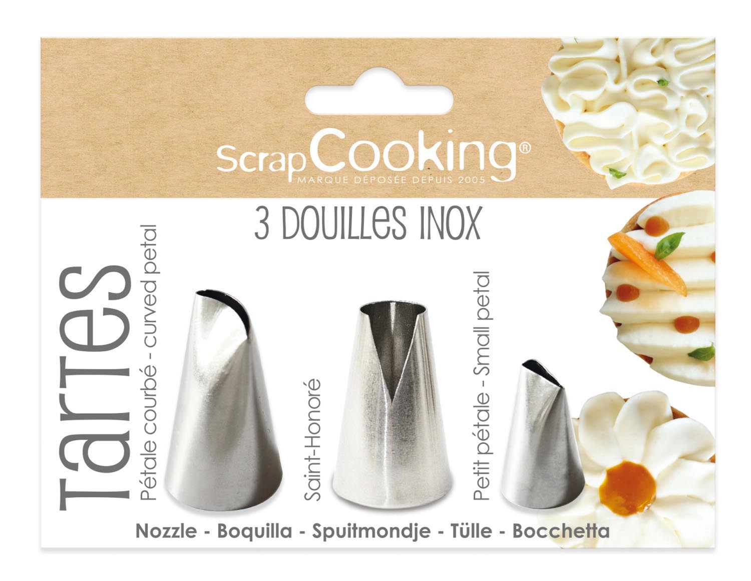 Set aus 3 hochwertigen Edelstahlspritztüllen von Scrap Cooking, ideal für kreative Tortendekorationen und Backprojekte.