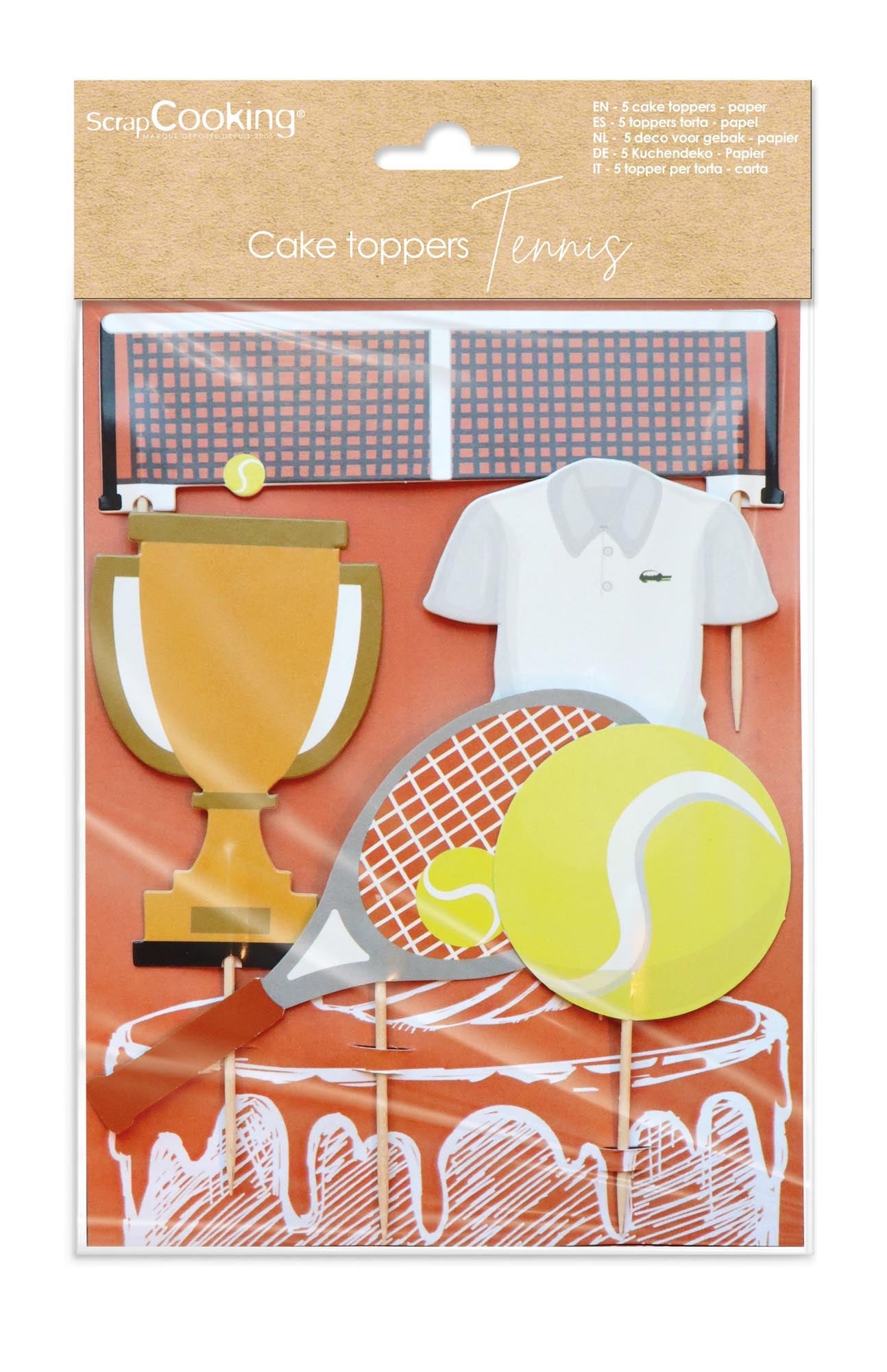 Set aus 5 essbaren Kuchendekorationen mit Tennis-Motiven, ideal für Tennis-Fans. Perfekt für Torten, Cupcakes und Desserts.