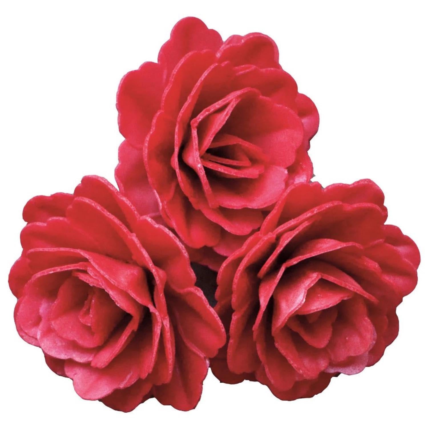 Ein Set aus drei roten Rosen aus essbarem Papier, ideal zur Dekoration von Torten, Cupcakes und Desserts. Essbar und dekorativ.