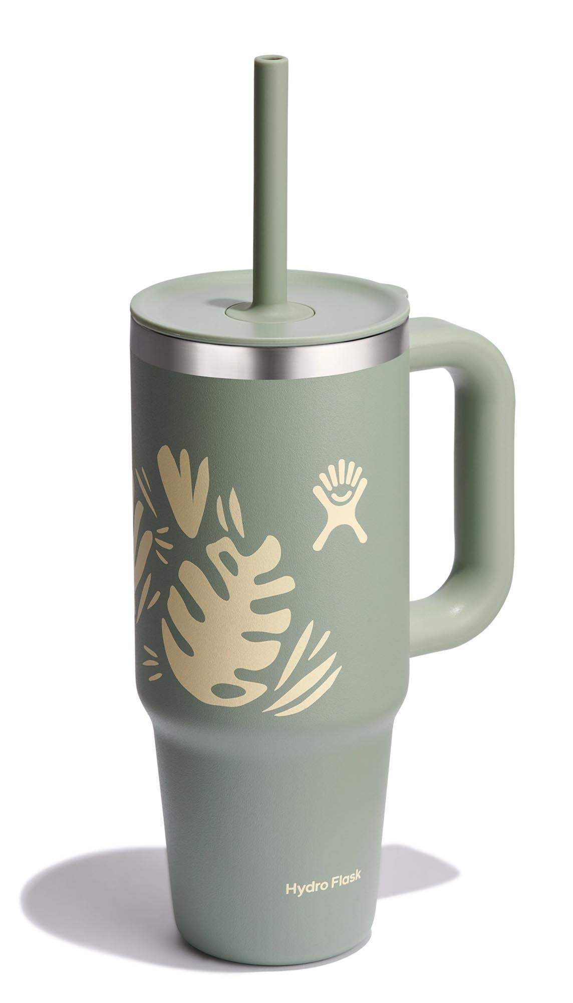 Stylischer Reisebecher mit Trinkhalm in botanischem Design, 710ml, ideal für unterwegs. Perfekt für heiße und kalte Getränke.