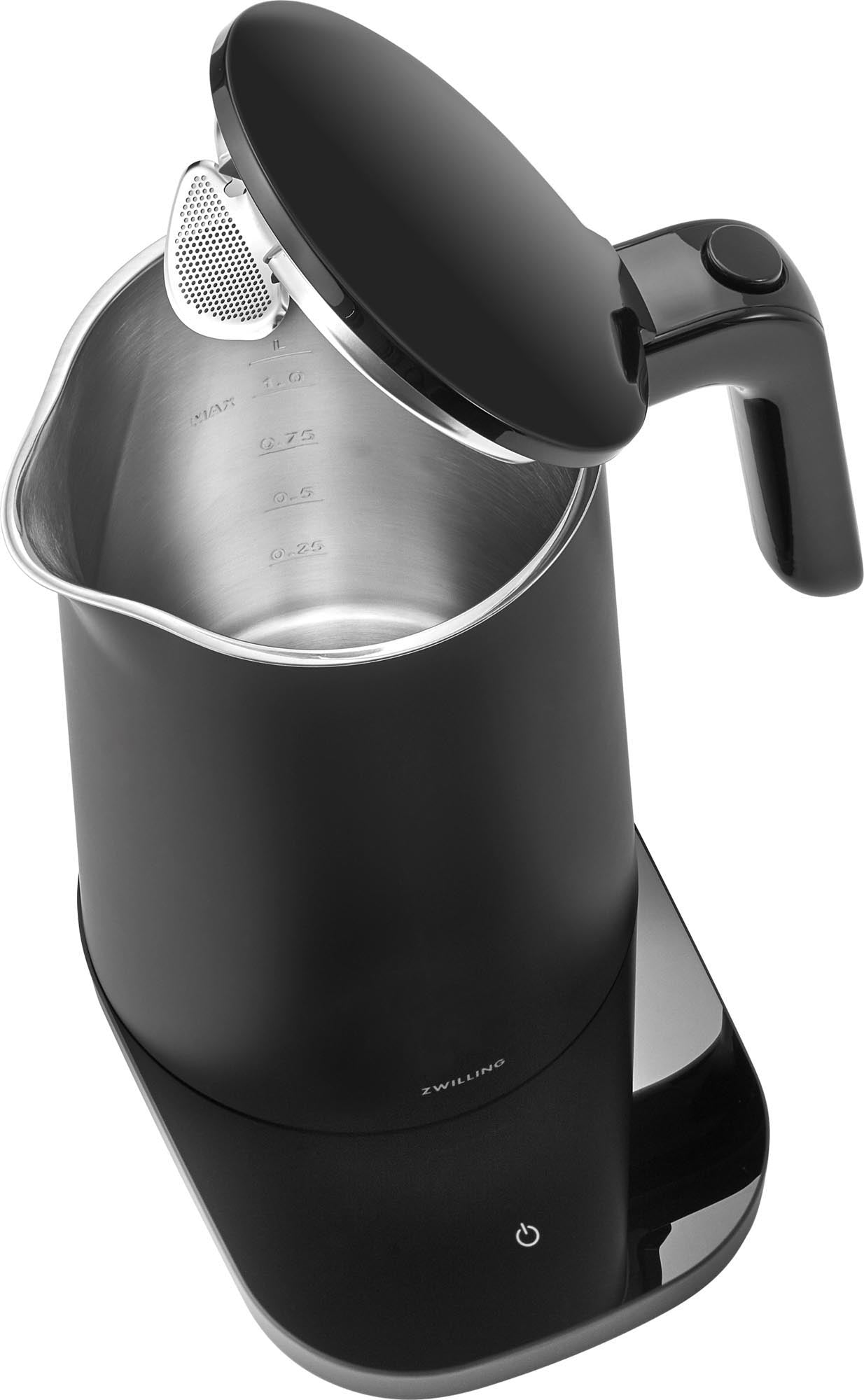 Eleganter Zwilling Enfinigy Wasserkocher PRO 1l in Schwarz, mit präziser Temperaturregelung und modernem, stilvollem Design.