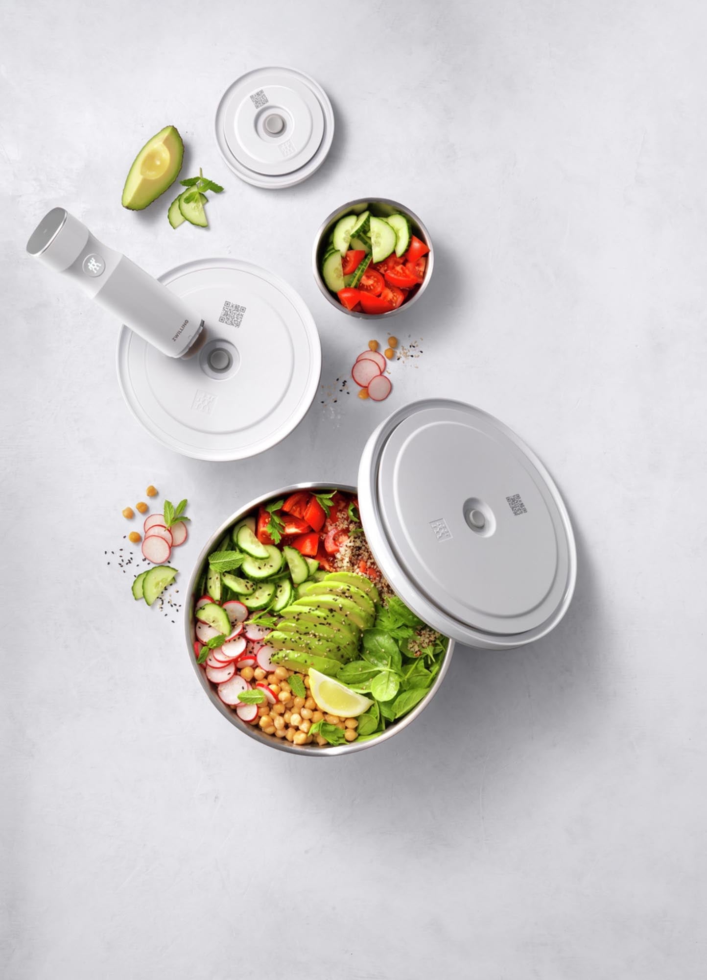 Zwilling Fresh & Save: 6-teiliges Vakuumschüssel-Set aus Glas für frische Lebensmittelaufbewahrung und umweltfreundliche Küchenorganisation.