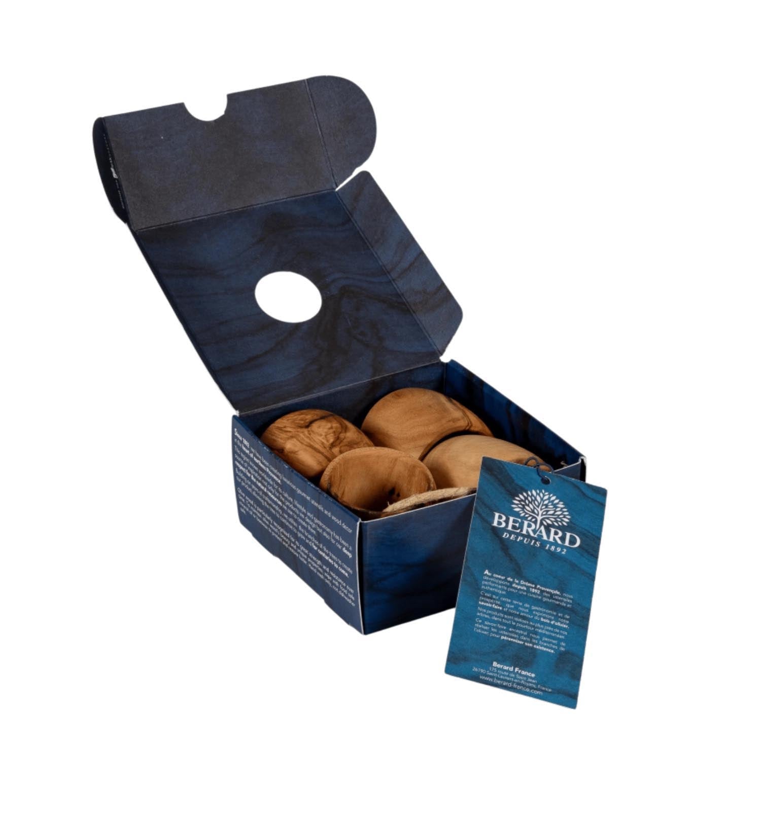 Elegante Serviettenringe aus Olivenholz, handgefertigt von Bérard, 4-teiliges Set, ideal für stilvolle Tischdekoration.