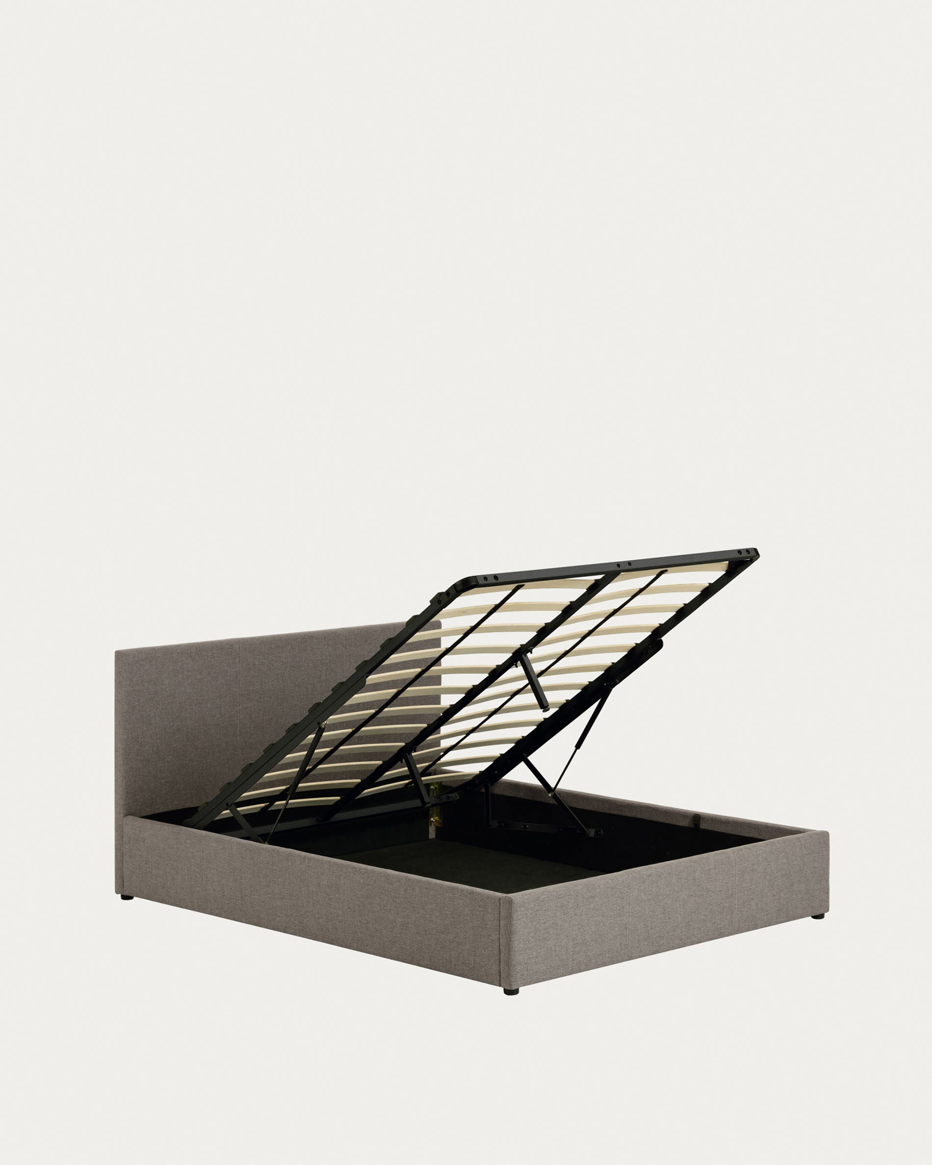 Elegantes Nahiri Bett in Grau mit integriertem Stauraum, passend für 150x200 cm Matratzen, ideal für moderne Schlafzimmer.