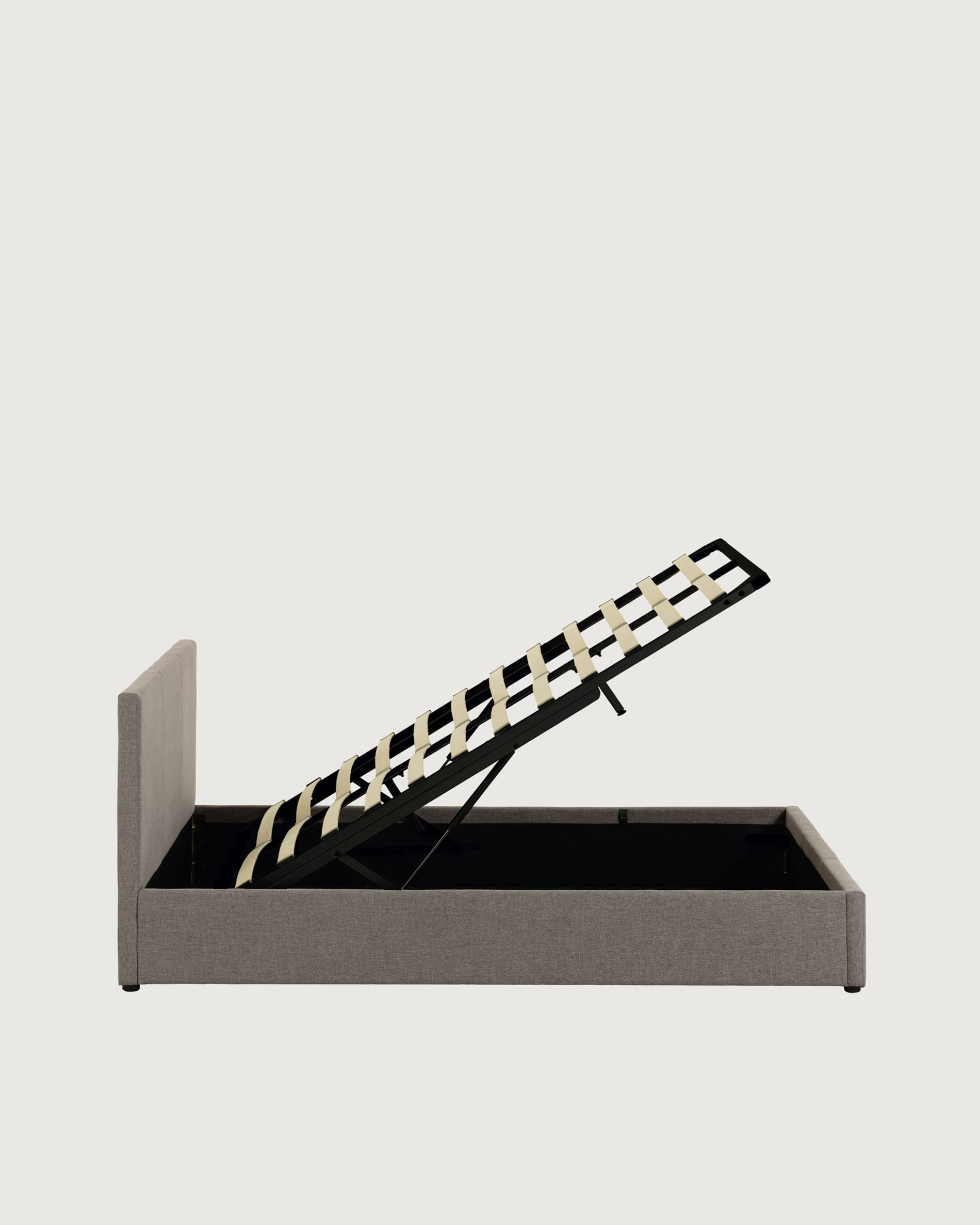 Modernes Nahiri Bett in Grau mit integriertem Stauraum, passend für 150x200 cm Matratzen, ideal für funktionale Schlafzimmer.