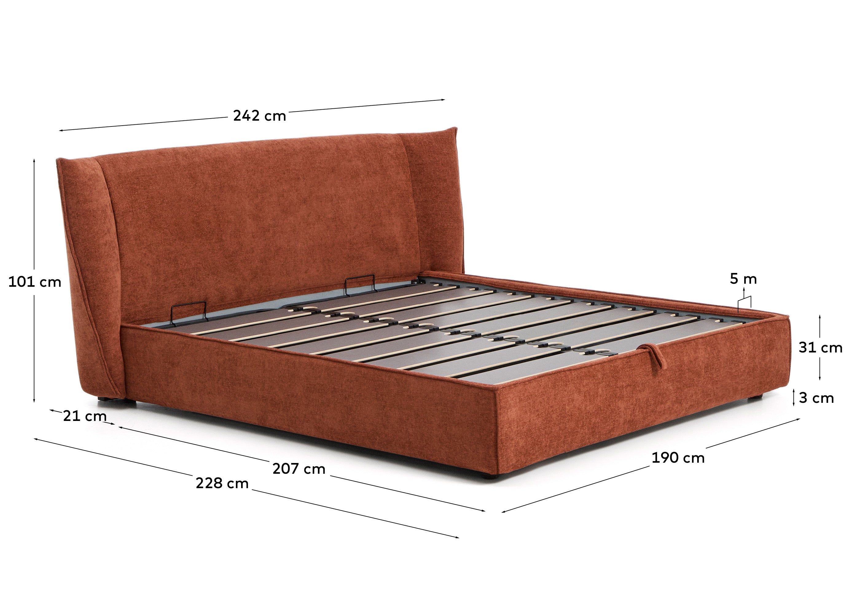 Stylisches Bett Arvian in warmem Terrakotta-Chenille, ideal für Matratzen 180 x 200 cm, mit praktischem Klappbettkasten.