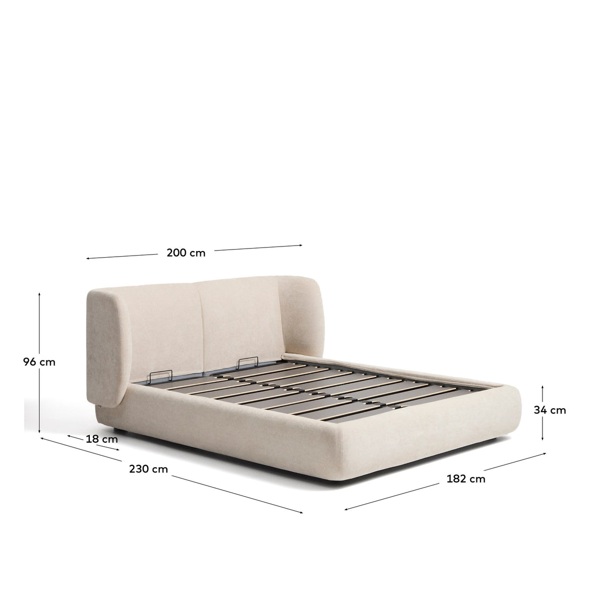 Bett Nerla von Kave Home mit beigem Chenille-Bezug, geschwungenem Kopfteil, Stahlgestell und aufklappbarem Bettkasten für Matratzen 160x200cm.