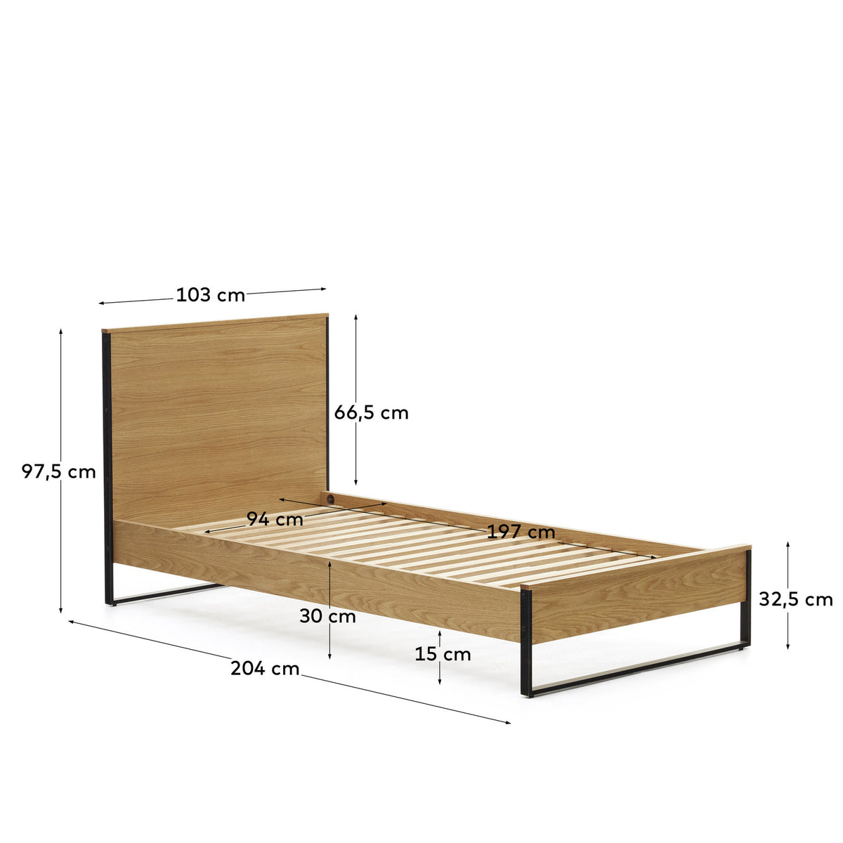 Taiana Bett aus Eichenfurnier und Stahlbeinen mit schwarzem Finish 90 x 190 cm in Natur präsentiert im Onlineshop von KAQTU Design AG. Bett ist von Kave Home