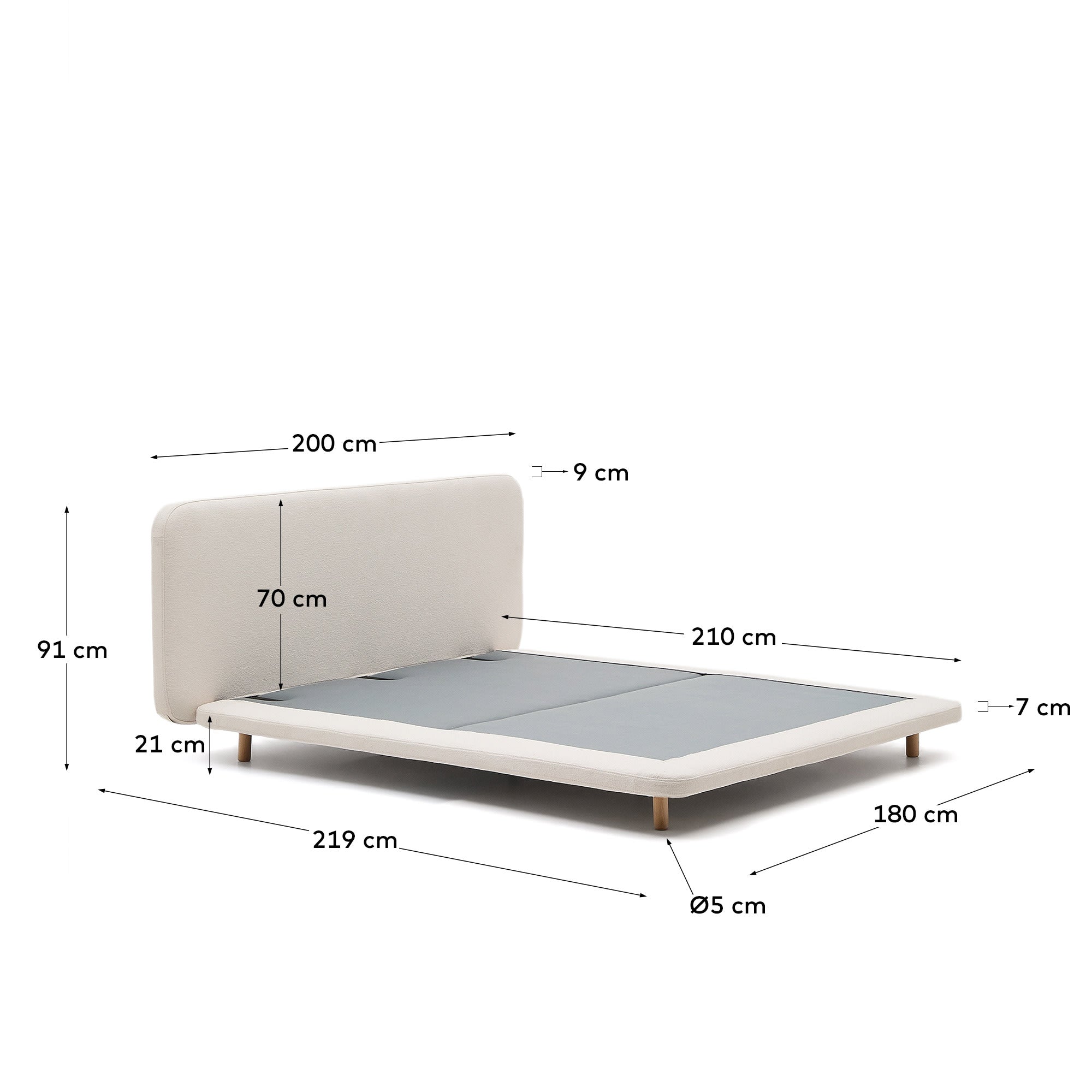 Elegantes Bett Odum in Beige, 160x200 cm, mit abziehbarem Mikro-Bouclé-Bezug und robusten Buchenholzbeinen. Ideal für stilvolle Schlafzimmer.
