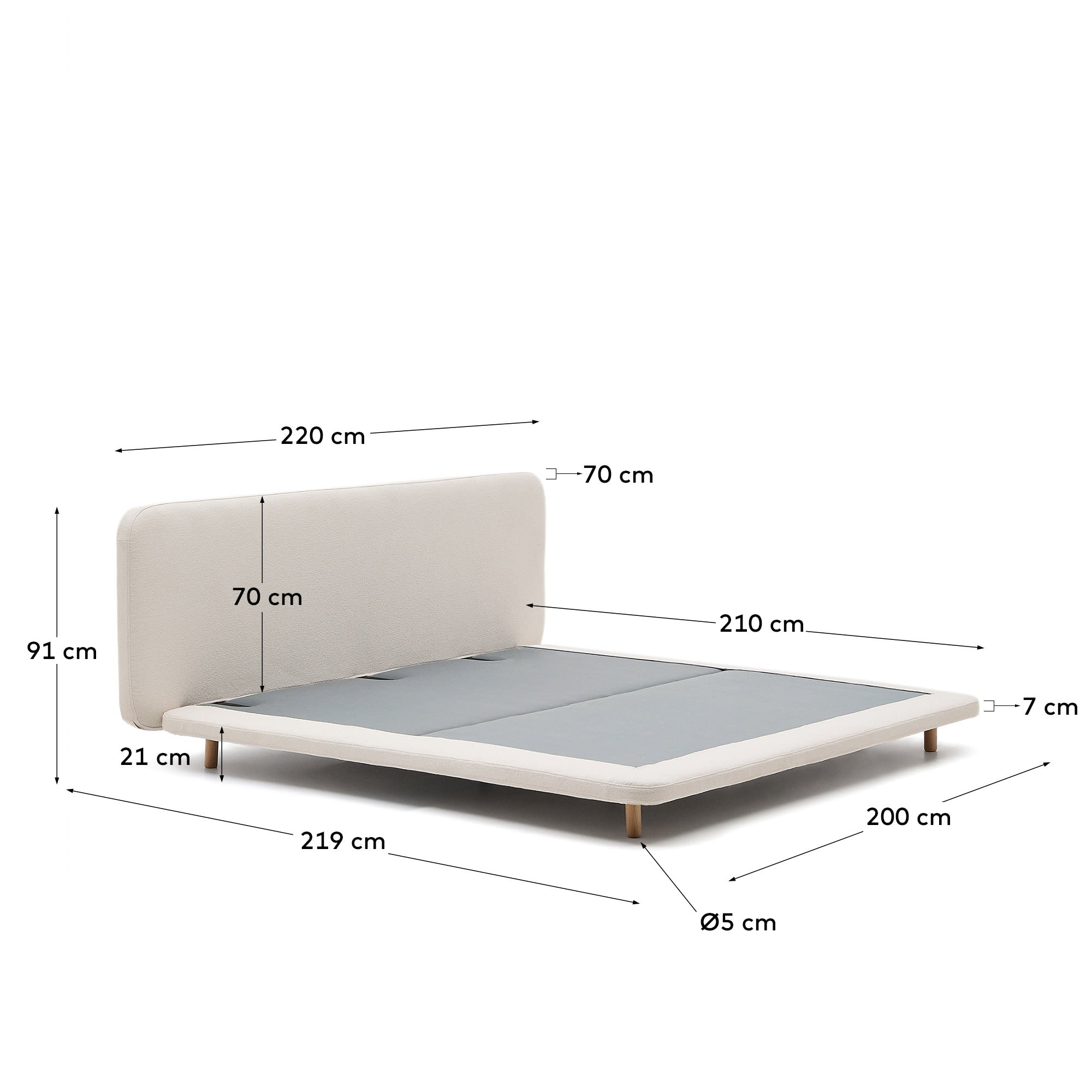 Elegantes abziehbares Bett Odum in Beige, 180x200 cm, aus weichem Mikro-Bouclé und robustem Buchenholz – ideal für stilvolle Schlafzimmer.