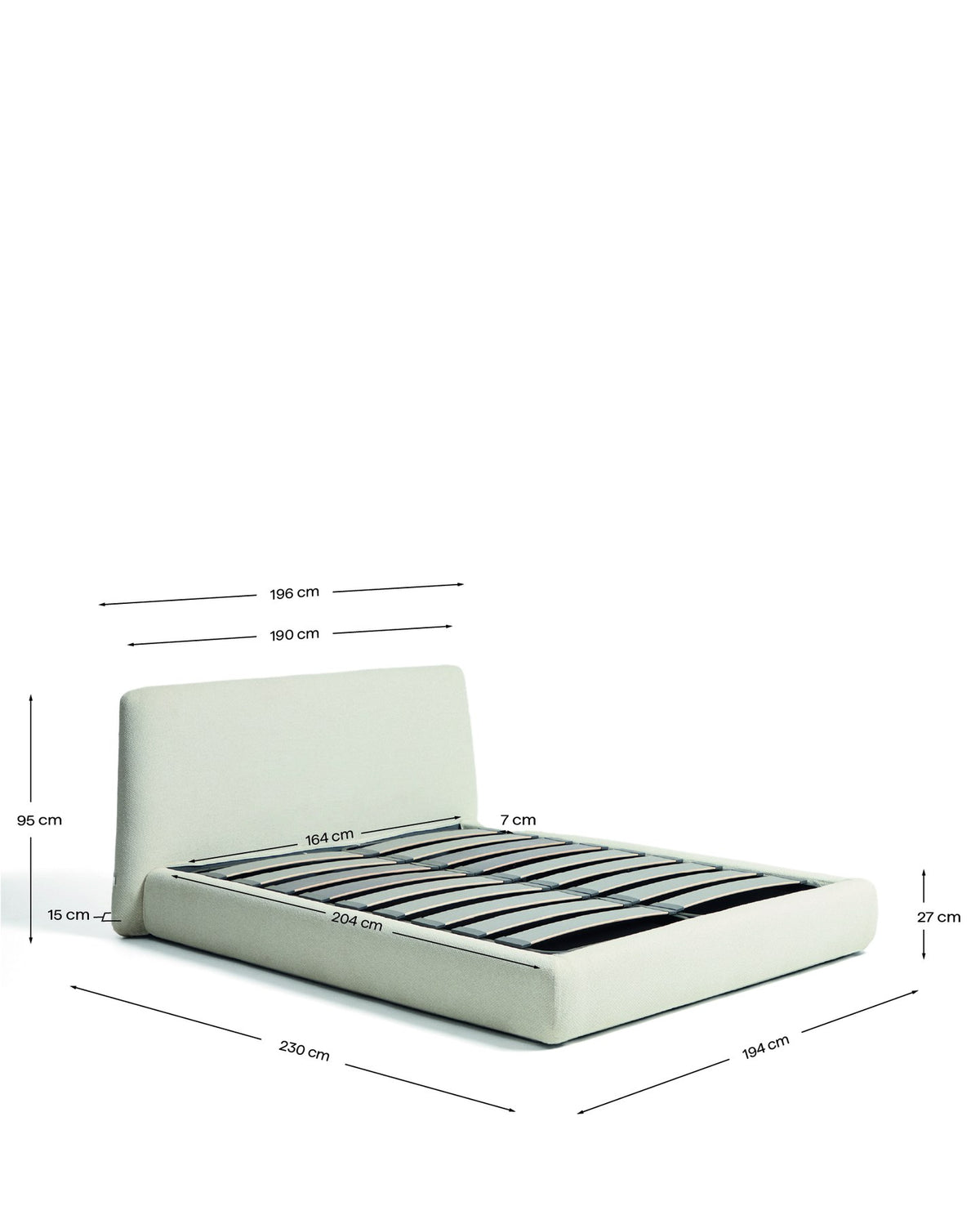 Bett Martina von Kave Home mit ecrufarbenem Chenillebezug, geschwungenen Formen und aufklappbarem Bettkasten für Matratzengrösse 160x200 cm.