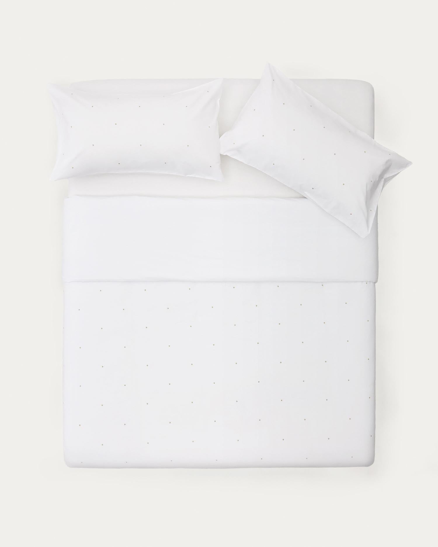Stilvolle Bettwäsche aus hochwertigem Baumwollperkal mit modernem Punktemuster und feiner Stickerei. Perfekt für 180 cm breite Betten.