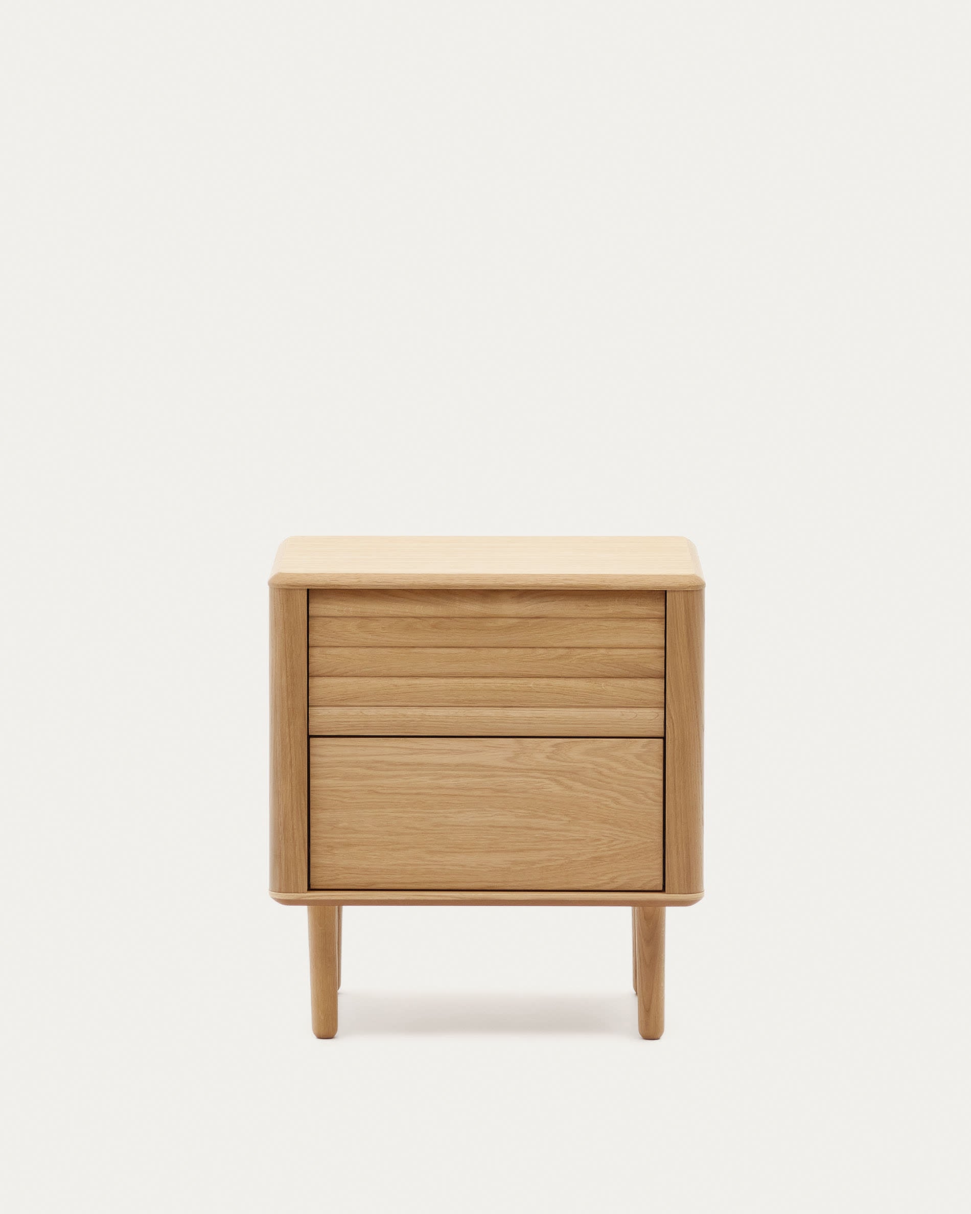 3D-Modell: Lenon Nachttisch, 2 Schubladen, Eichenfurnier, 50x55 cm, modernes Design, FSC-zertifiziert, AR-kompatibel.