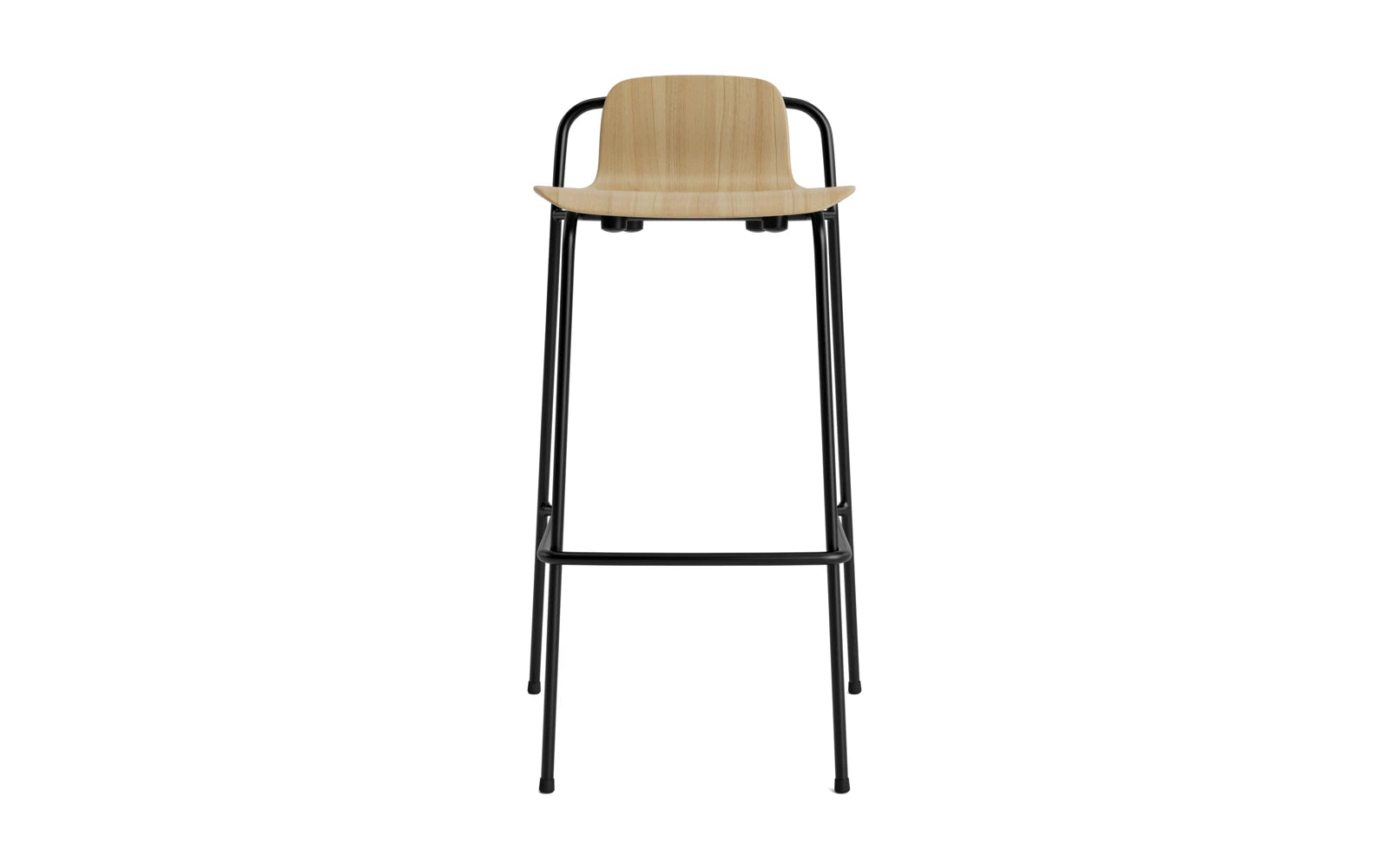 Entdecken Sie den eleganten Studio Barhocker von Normann Copenhagen. Mit 75 cm Sitzhöhe, schwarzem Stahl und Eiche vereint er modernes Design und Funktionalität.