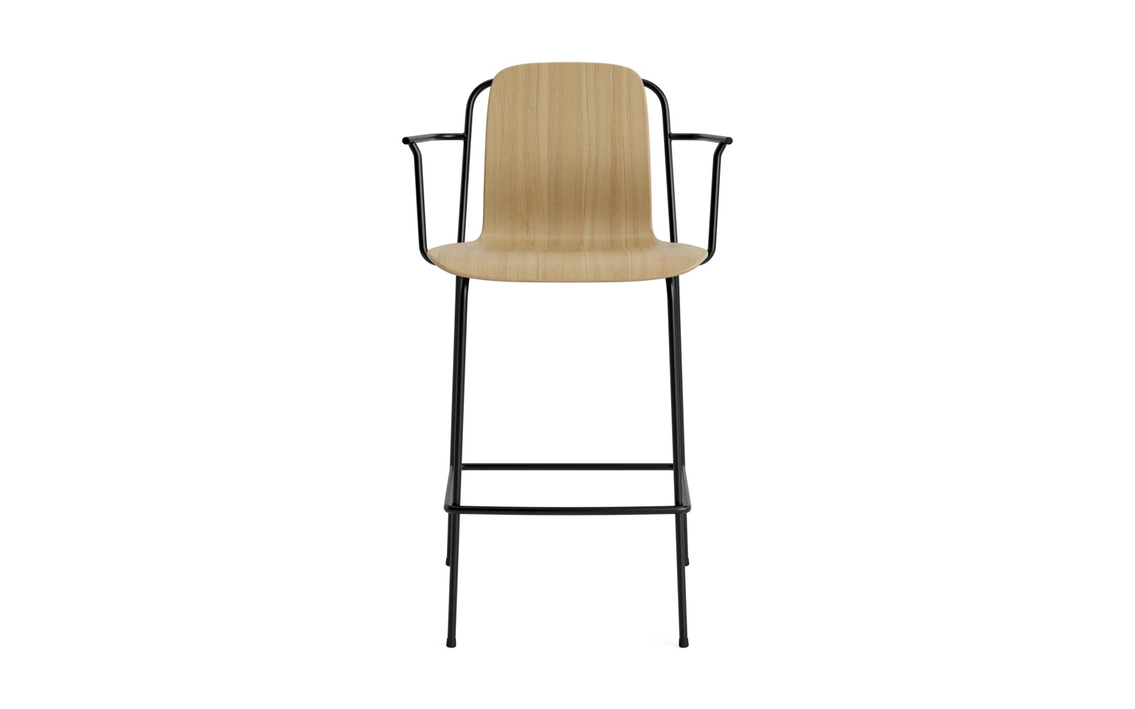 Entdecken Sie den eleganten Studio Barstuhl mit Armlehne von Normann Copenhagen. Mit 65 cm Sitzhöhe und einer stilvollen Kombination aus schwarzem Stahl und Eiche ist er ideal für jeden Raum.