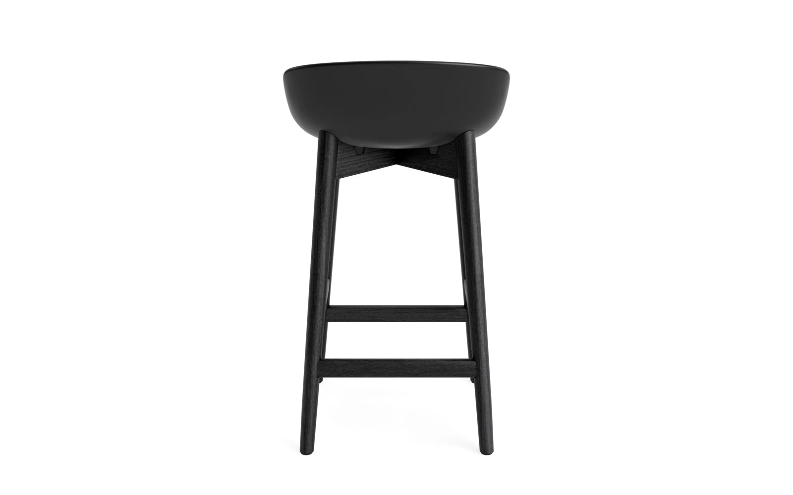 Moderner Hyg Barhocker 65 cm in schwarzer Eiche und Stahl. Perfekt für gemütliche Küchen und Bars, vereint er skandinavische Eleganz mit Komfort.