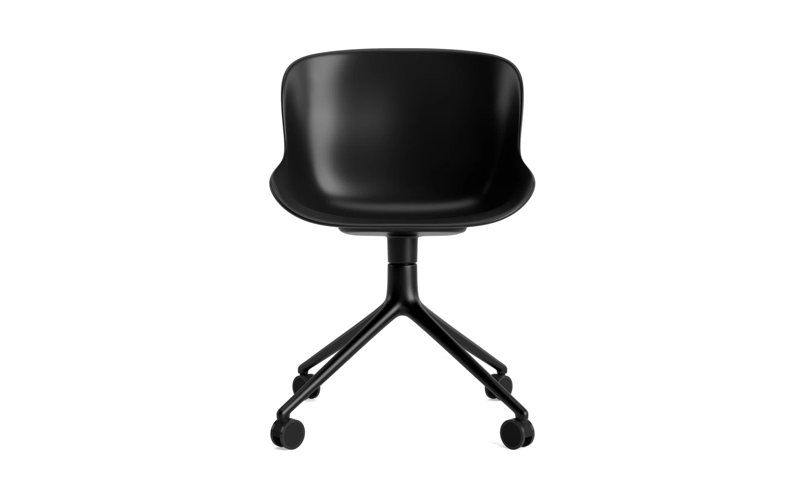 Erleben Sie den Hyg Drehstuhl 4W von Normann Copenhagen – ein eleganter, ergonomischer Stuhl aus robustem schwarzem Aluminium, der stilvollen Komfort und dänische Hygge in Ihr Zuhause bringt.