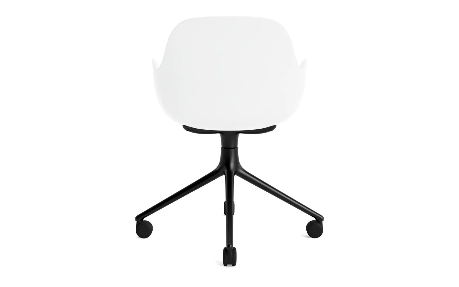 Stilvoller Form Drehsessel 4W von Normann Copenhagen: Schwarzes Aluminium trifft auf eine elegante weiße Sitzschale – ideal für Büro und Zuhause.