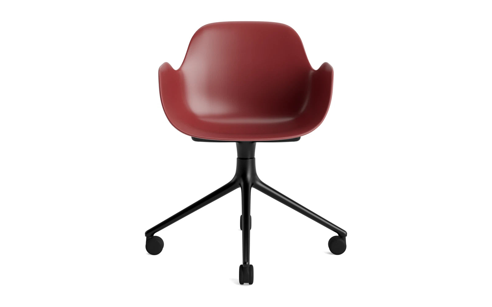 Erleben Sie den Form Drehsessel 4W von Normann Copenhagen: Ein eleganter, drehbarer Sessel aus robustem schwarzem Aluminium und lebhaftem roten Polster, perfekt für jeden Raum.