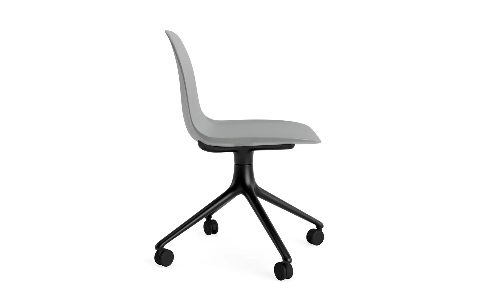 Entdecken Sie den Form Drehstuhl 4W von Normann Copenhagen – stilvolles Aluminium trifft auf graue Eleganz, ideal für jeden modernen Raum.