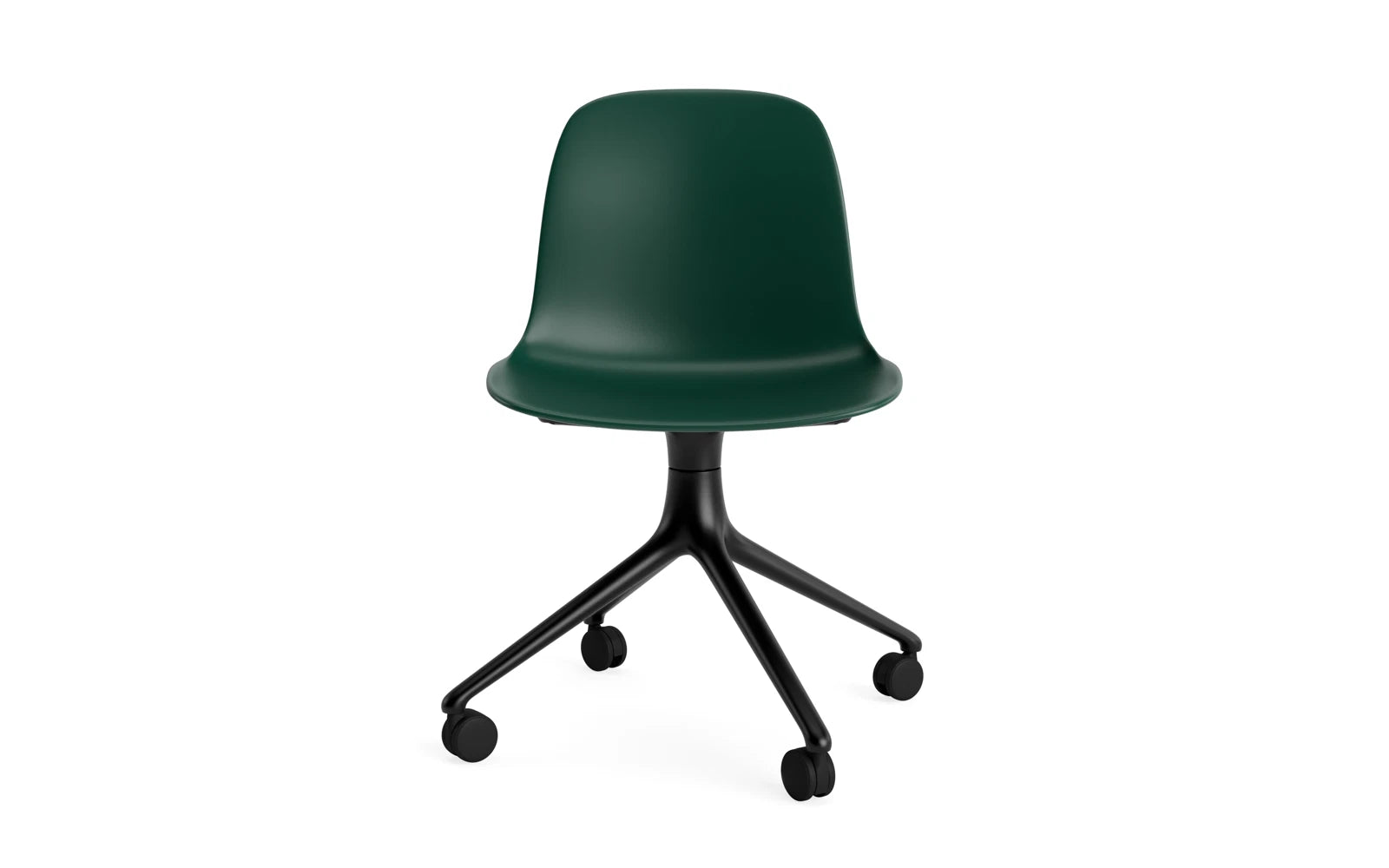 Erleben Sie den Form Drehstuhl 4W von Normann Copenhagen: stilvolles, robustes Design aus schwarzem Aluminium und grünem Komfort, ideal für jeden Einsatz.
