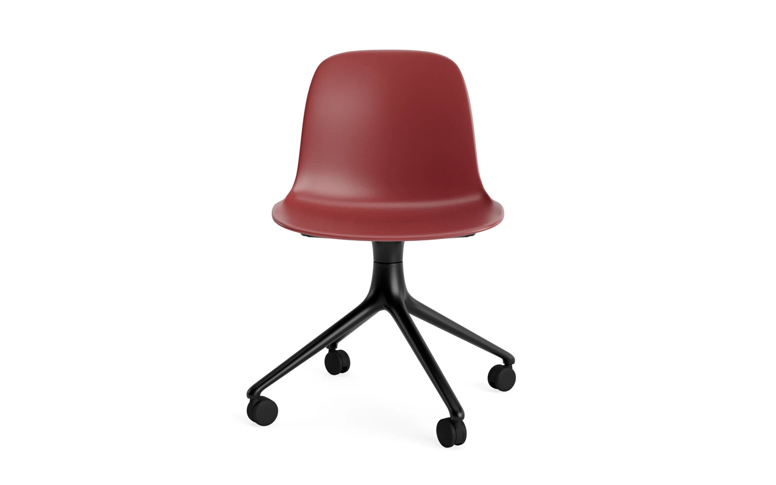 Erleben Sie den Form Drehstuhl 4W von Normann Copenhagen: Ein stilvolles Möbelstück mit schwarzem Aluminiumgestell und roter Sitzschale, perfekt für moderne Umgebungen.