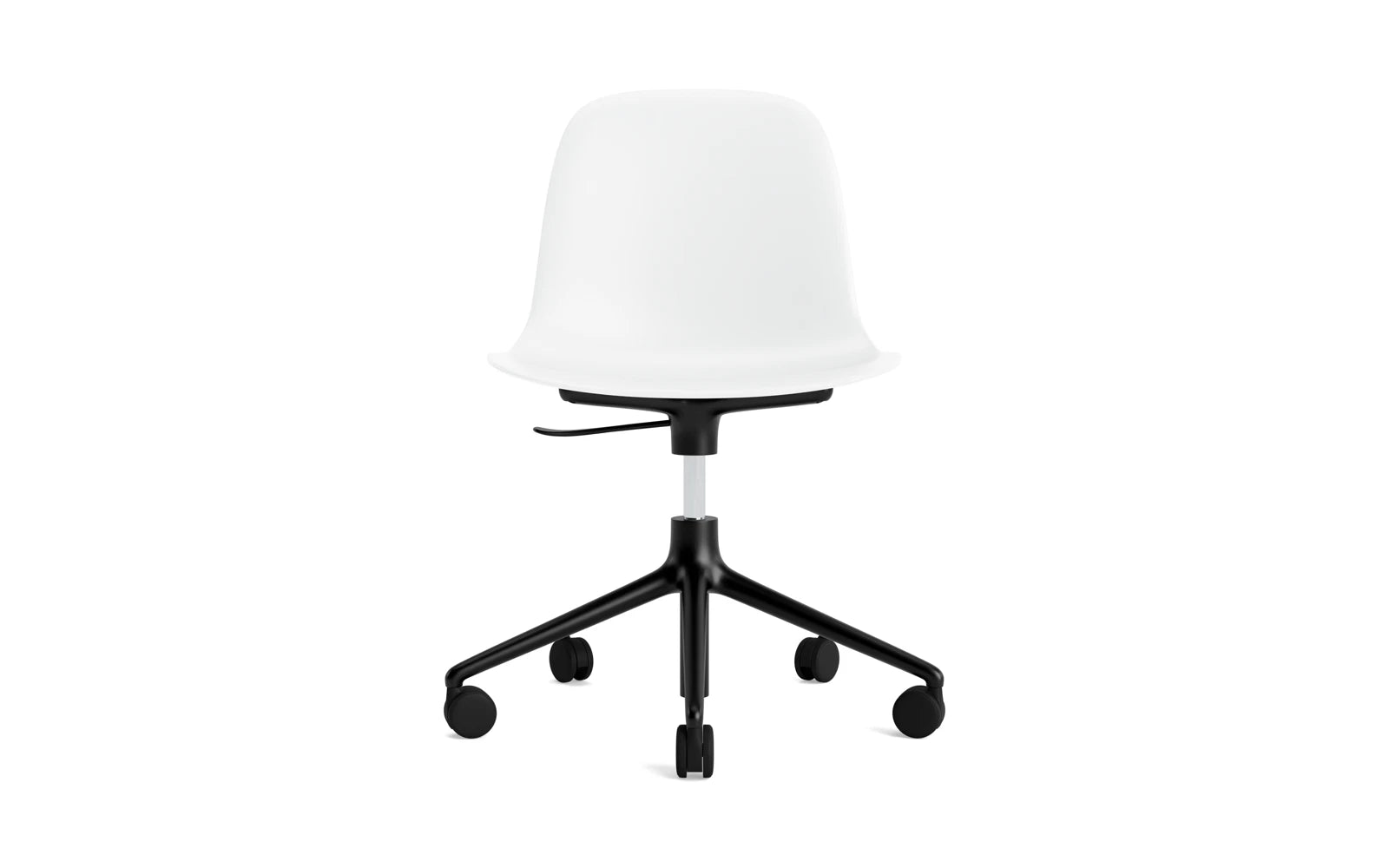 Eleganter Form Drehstuhl von Normann Copenhagen in Weiß und Aluminium. Ideal für Büro und Home-Office, vereint Komfort und individuelles Design.