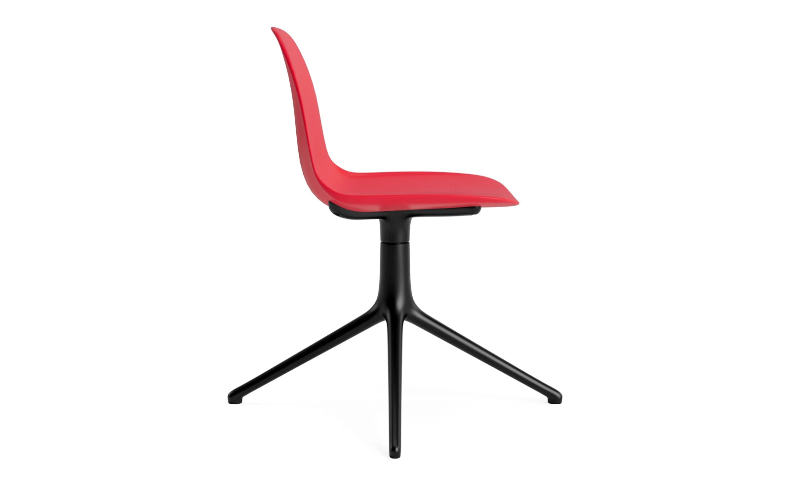 Entdecken Sie den Form Drehstuhl in leuchtendem Rot mit schwarzem Aluminium – ein stilvolles, funktionales Möbelstück für jeden Raum.