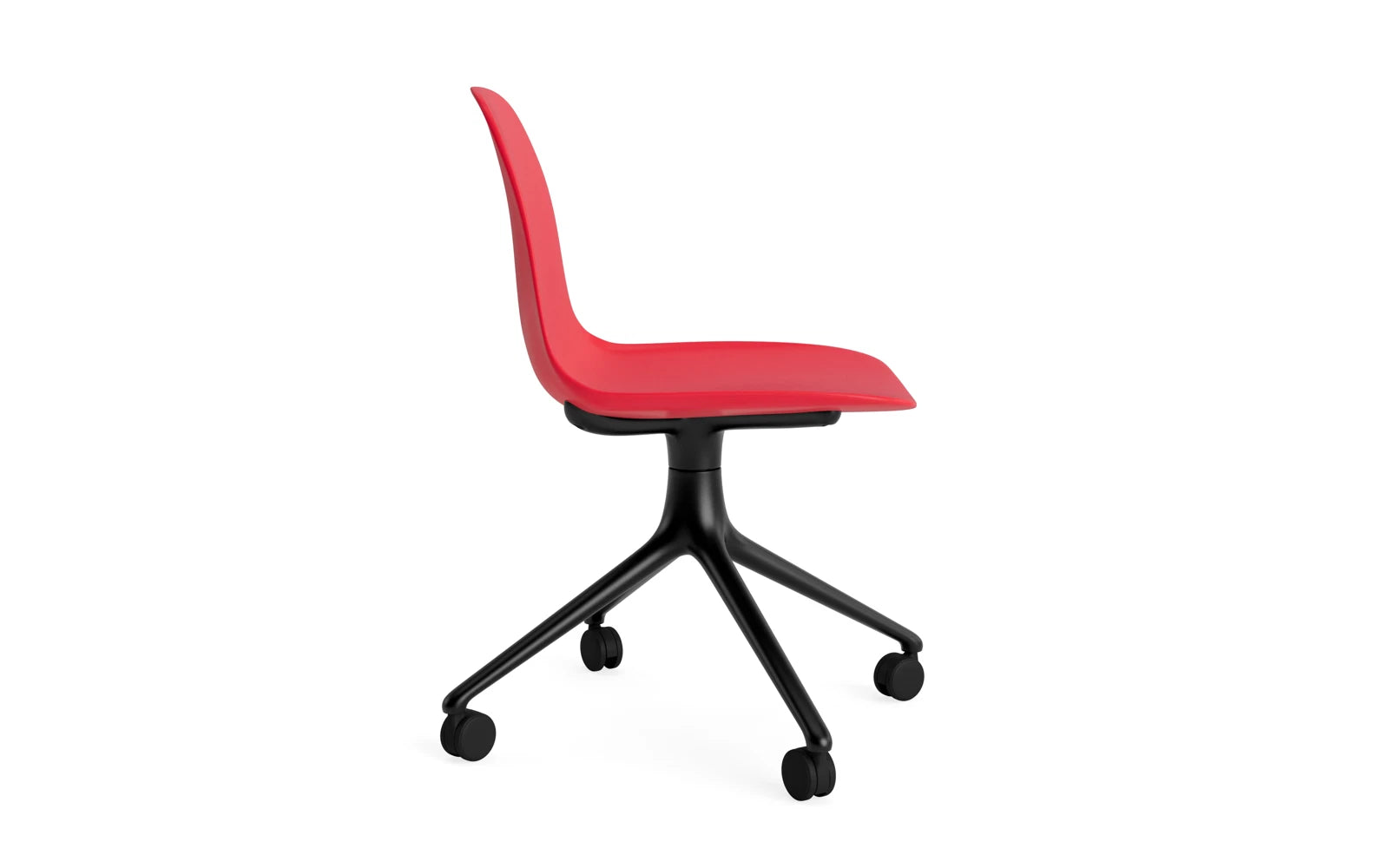 Entdecken Sie den Form Drehstuhl 4W von Normann Copenhagen: elegantes Design aus schwarzem Aluminium und strahlend roter Sitzschale – perfekt für jeden Raum.