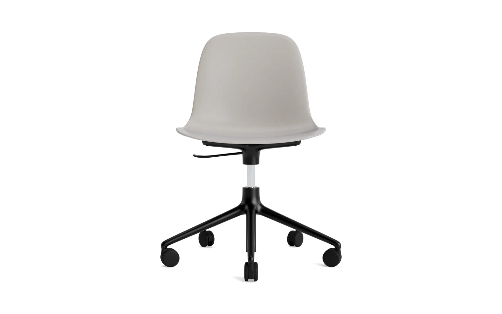 Moderner Form Drehstuhl mit Rollen in warmem Grau und schwarzem Aluminium. Perfekt für stilvolle Büros und vielseitige Wohnräume.