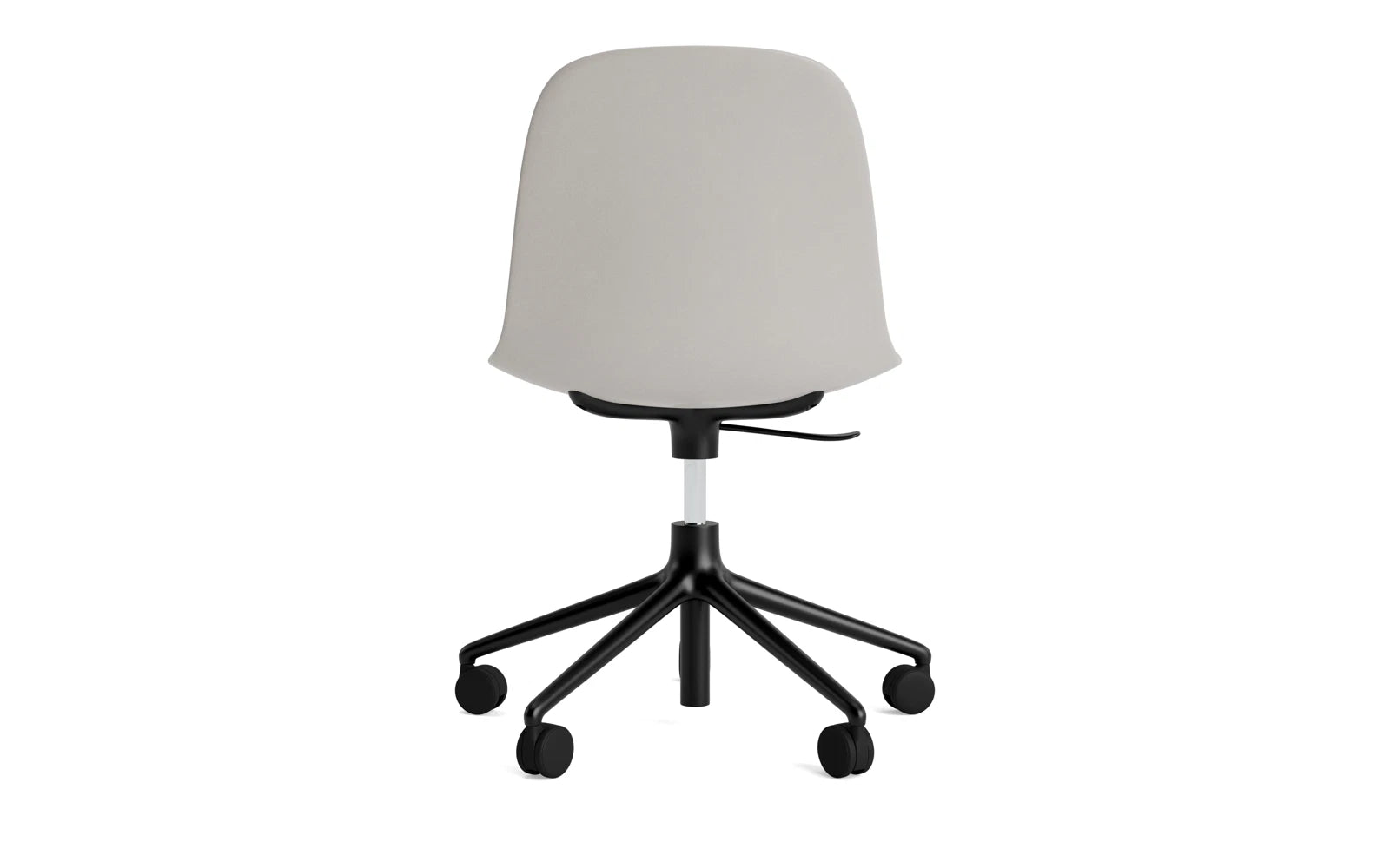 Moderner Form Drehstuhl mit Rollen in warmem Grau und schwarzem Aluminium. Perfekt für stilvolle Büros und vielseitige Wohnräume.