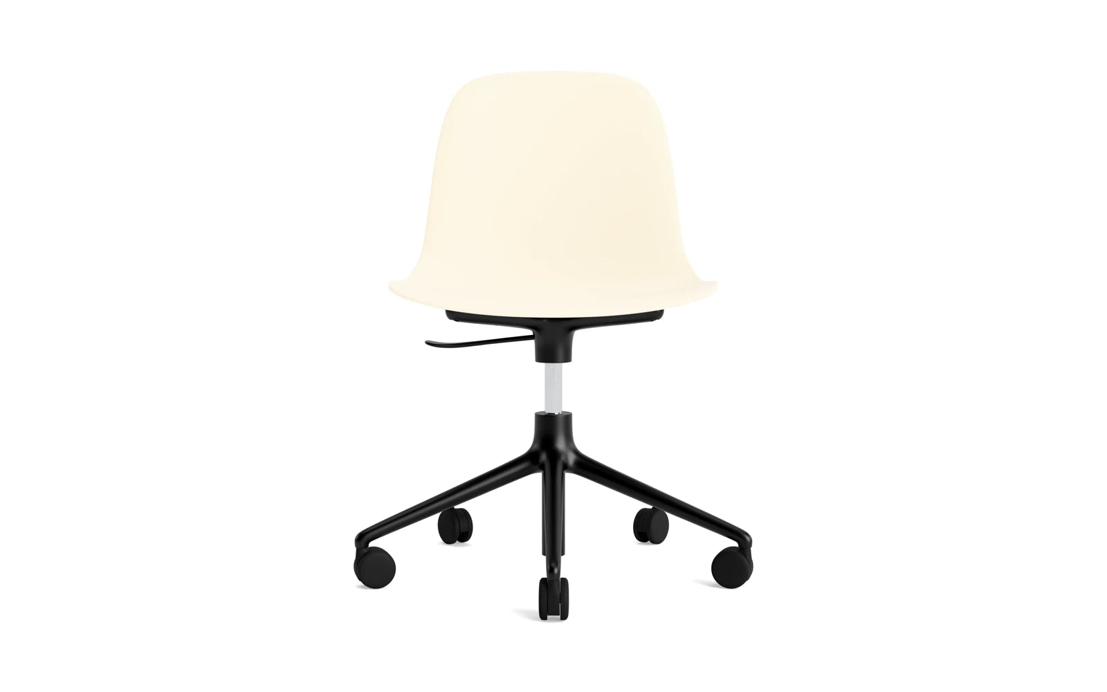 Erleben Sie den Form Drehstuhl mit Rollen in stilvollem Creme und robustem schwarzem Aluminium – die perfekte Kombination aus Eleganz und Funktionalität.