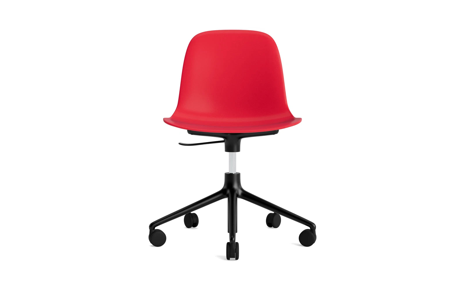 Erleben Sie den Form Drehstuhl von Normann Copenhagen: Ein eleganter, drehbarer Stuhl in strahlendem Rot mit robustem Aluminiumgestell, ideal für modernes Wohnen!