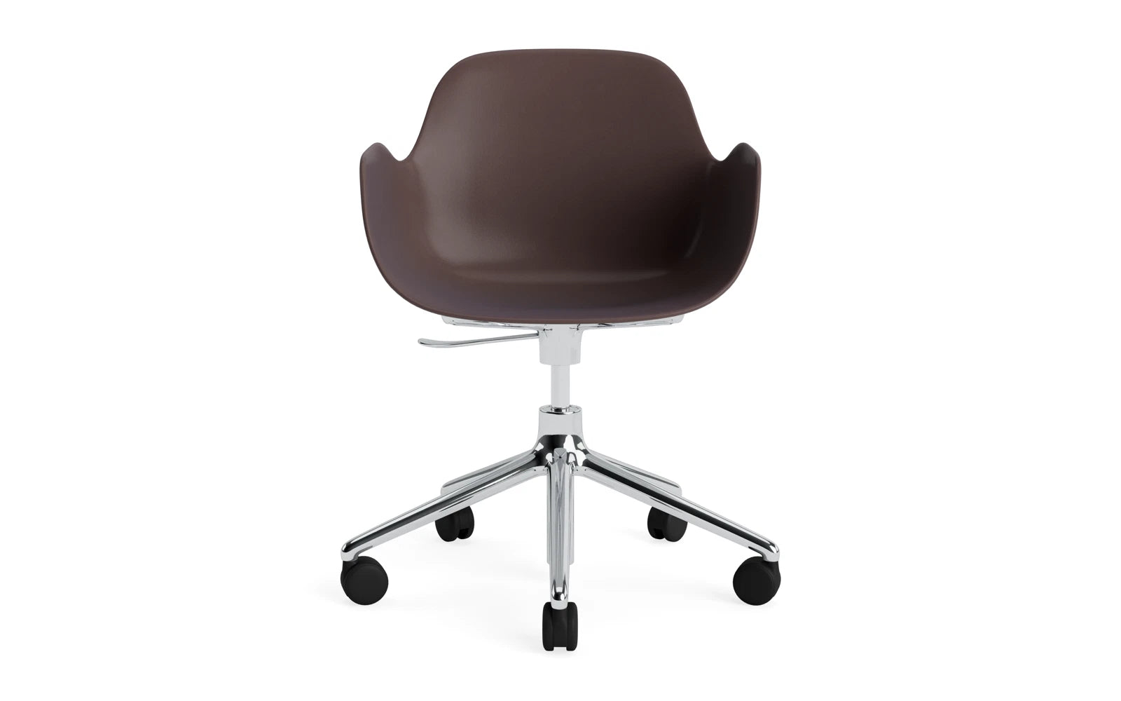 Erleben Sie den Form Drehsessel mit Rollen von Normann Copenhagen: Stilvolles Design in Braun/Aluminium, perfekt für modernes Wohnen und vielseitige Nutzung.