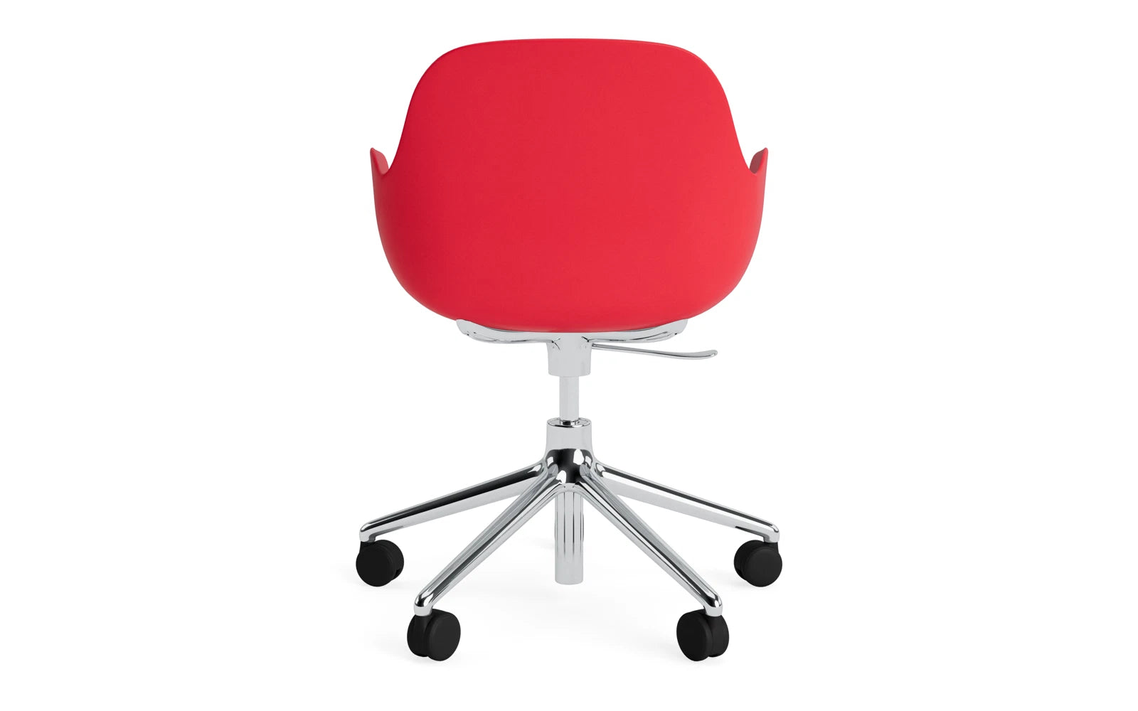 Erleben Sie den Form Drehsessel in strahlendem Rot/Aluminium von Normann Copenhagen – ein elegantes Möbelstück, das Komfort und Stil vereint.
