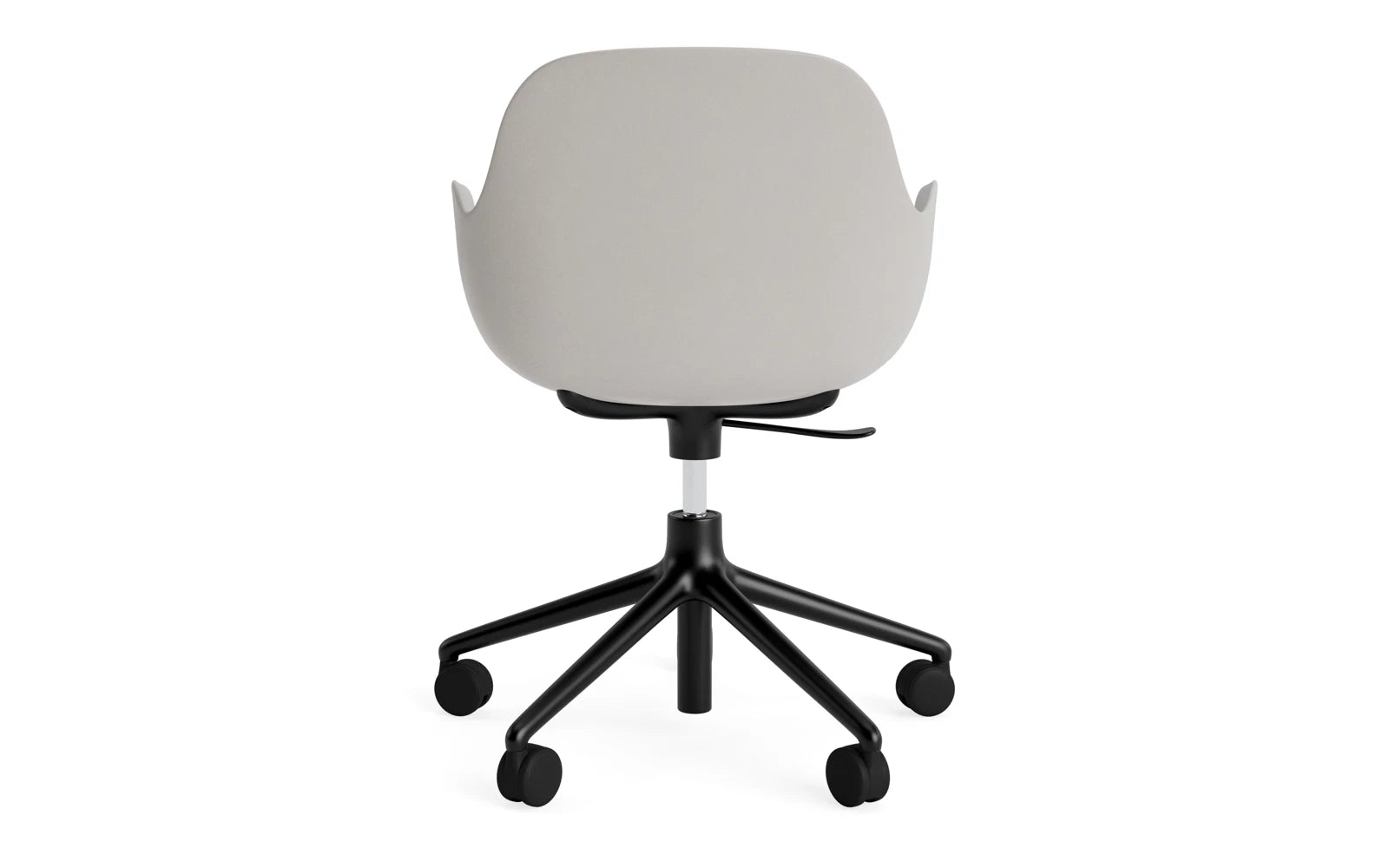 Erleben Sie den Form Drehsessel mit Rollen in warmem Grau und schwarzem Aluminium von Normann Copenhagen – ein stilvolles Highlight für jedes moderne Ambiente.