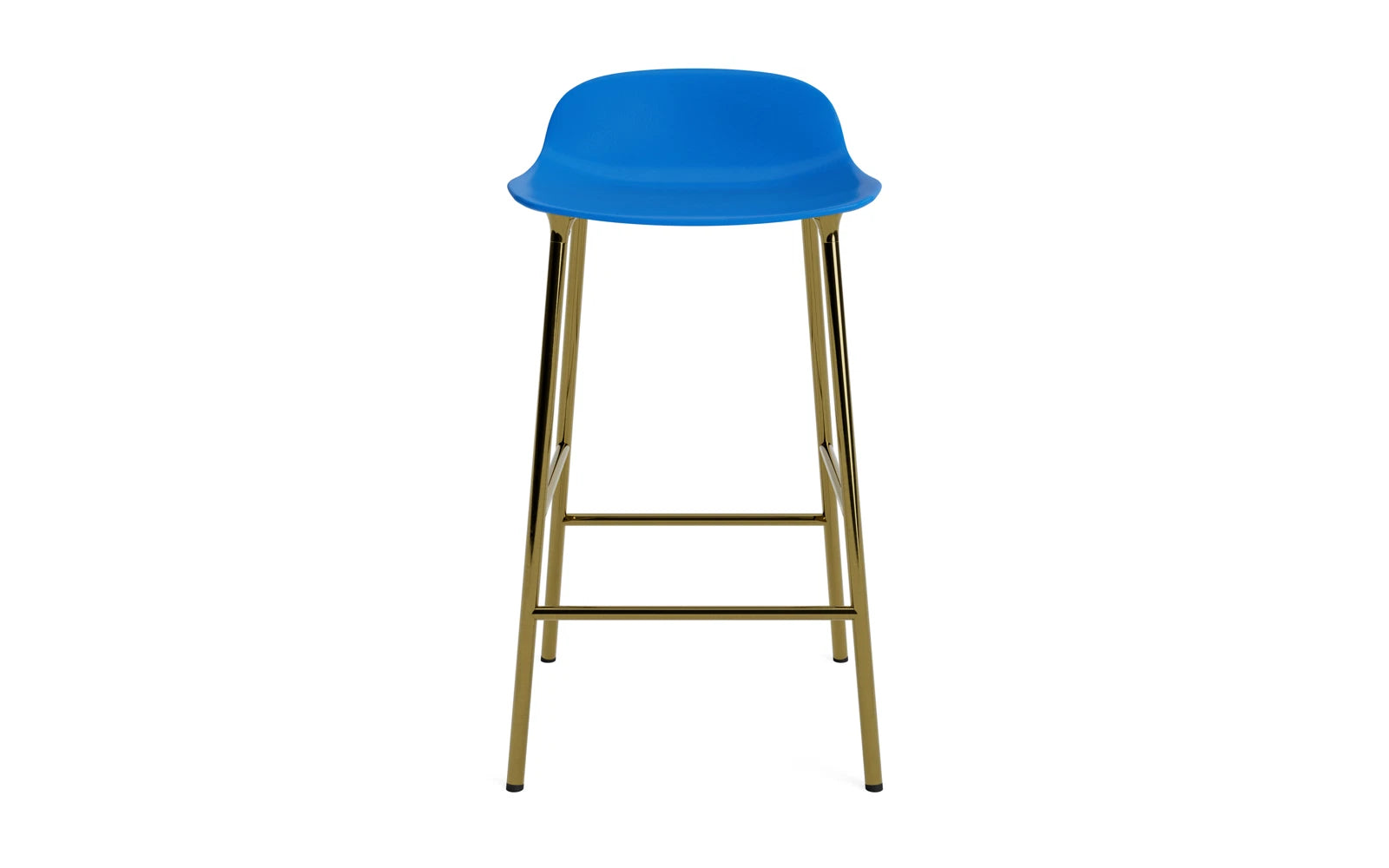 Erleben Sie den Form Barstuhl 65 cm in leuchtendem Blau und elegantem Messing von Normann Copenhagen – ein modernes Design-Statement für jeden Raum.