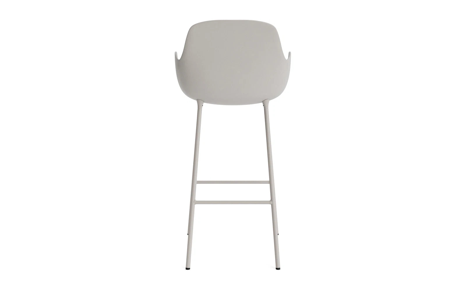 Erleben Sie den Form Barstuhl mit Armlehne von Normann Copenhagen – ein elegantes Design aus robustem Stahl und warmem Grau, perfekt für stilvolle Bartische.