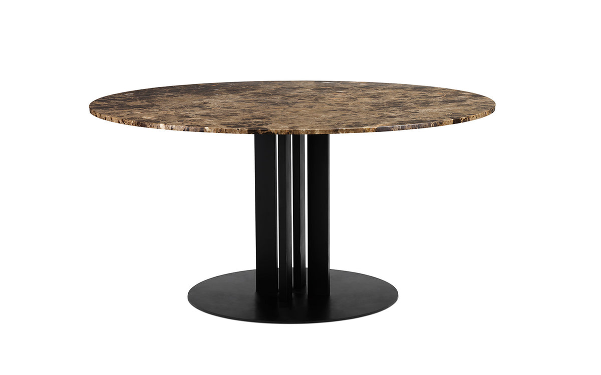Runder Esstisch Scala mit Marmorplatte in Kaffee und vier Beinen aus schwarz lackiertem Aluminium, Durchmesser 150 cm, Höhe 75 cm.