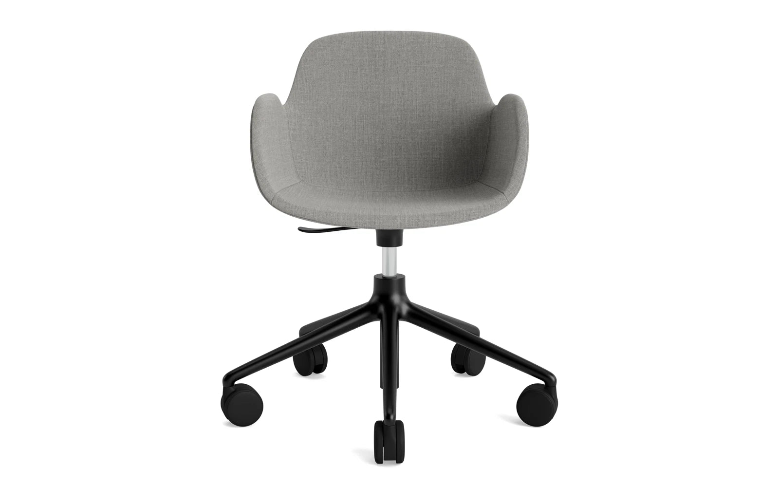 Erleben Sie den Hyg Drehsessel mit Rollen in stilvollem Schwarz und Aluminium von Normann Copenhagen – ein Meisterwerk für Komfort und Eleganz.